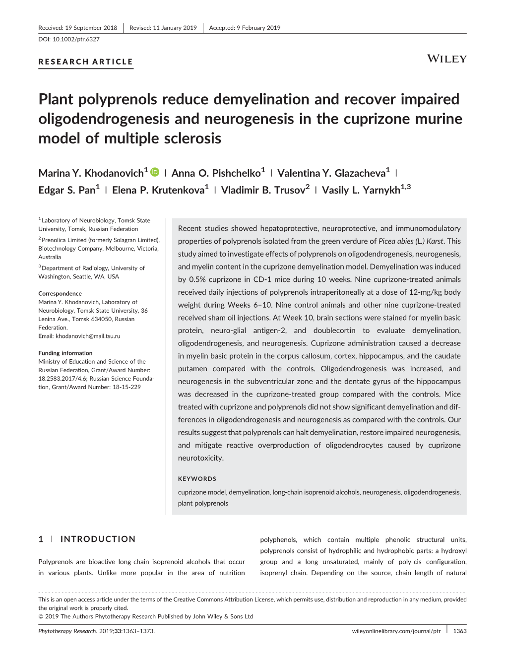 Plant Polyprenols Reduce Demyelination and Recover Impaired Oligodendrogenesis and Neurogenesis in the Cuprizone Murine Model of Multiple Sclerosis