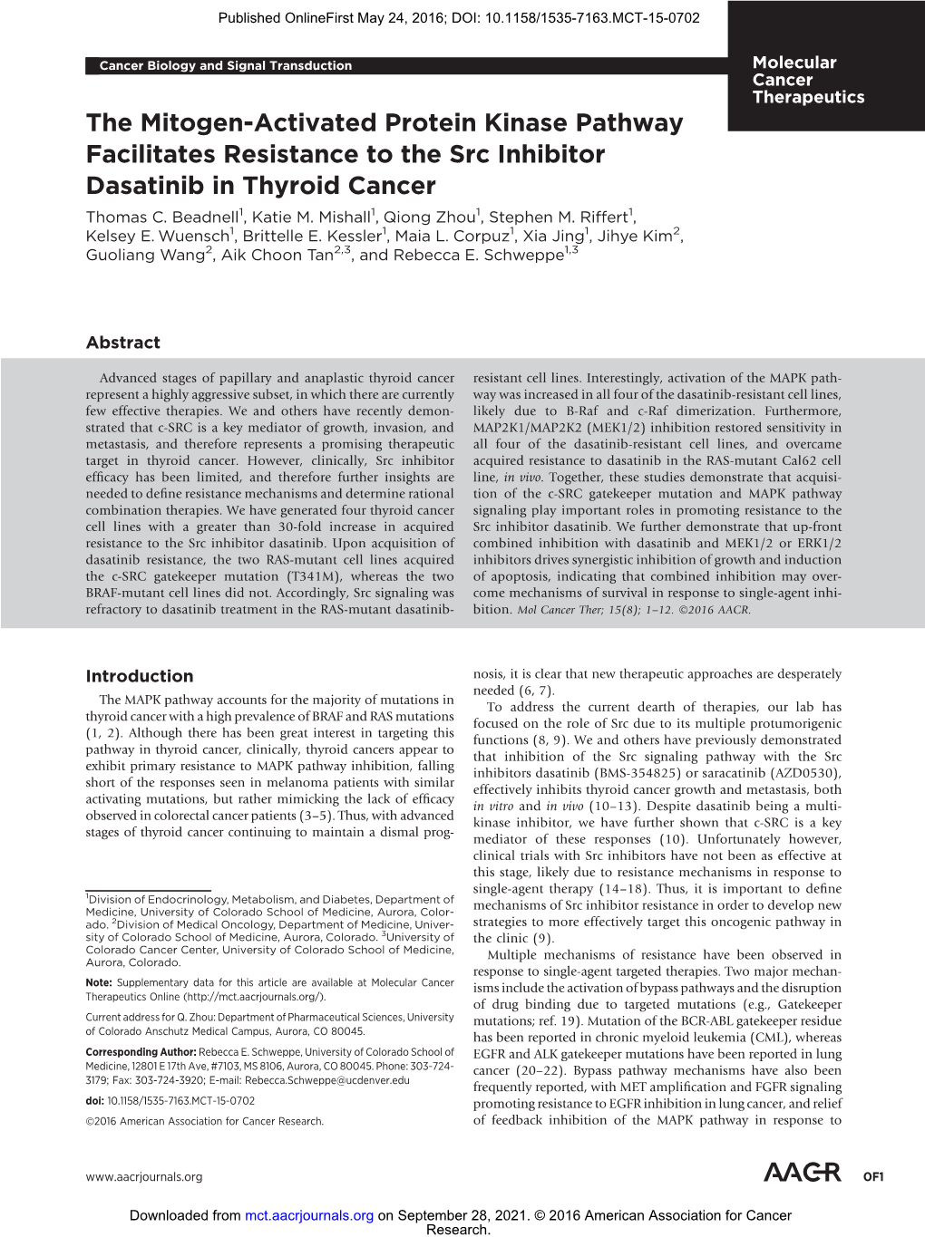 The Mitogen-Activated Protein Kinase Pathway Facilitates Resistance to the Src Inhibitor Dasatinib in Thyroid Cancer Thomas C