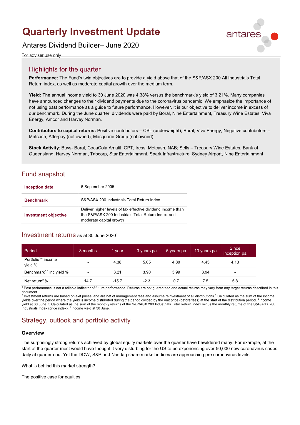 Antares June 2020 Dividend Builder Fund Quarterly Investment Update