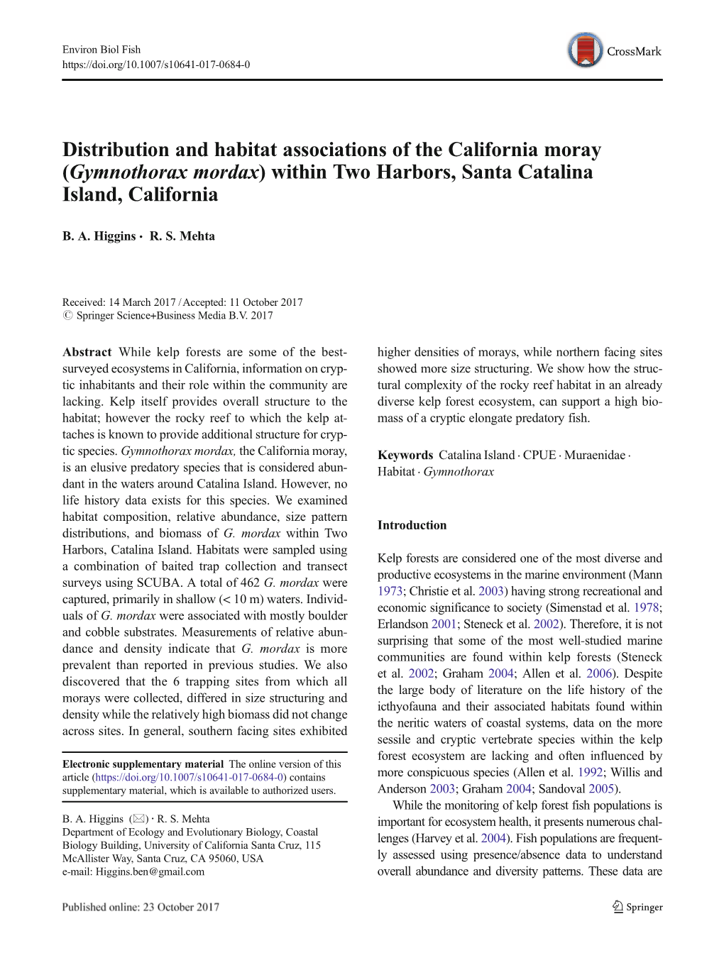 Distribution and Habitat Associations of the California Moray (Gymnothorax Mordax) Within Two Harbors, Santa Catalina Island, California