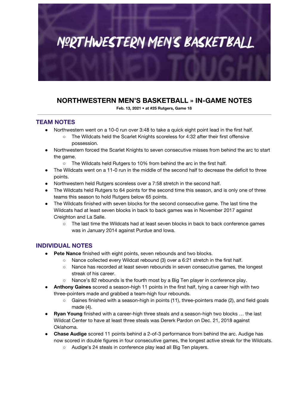 Northwestern Men's Basketball » In-Game Notes