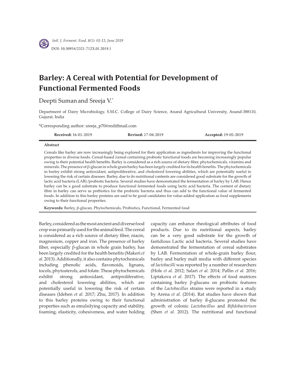 Barley: a Cereal with Potential for Development of Functional Fermented Foods Deepti Suman and Sreeja V.*