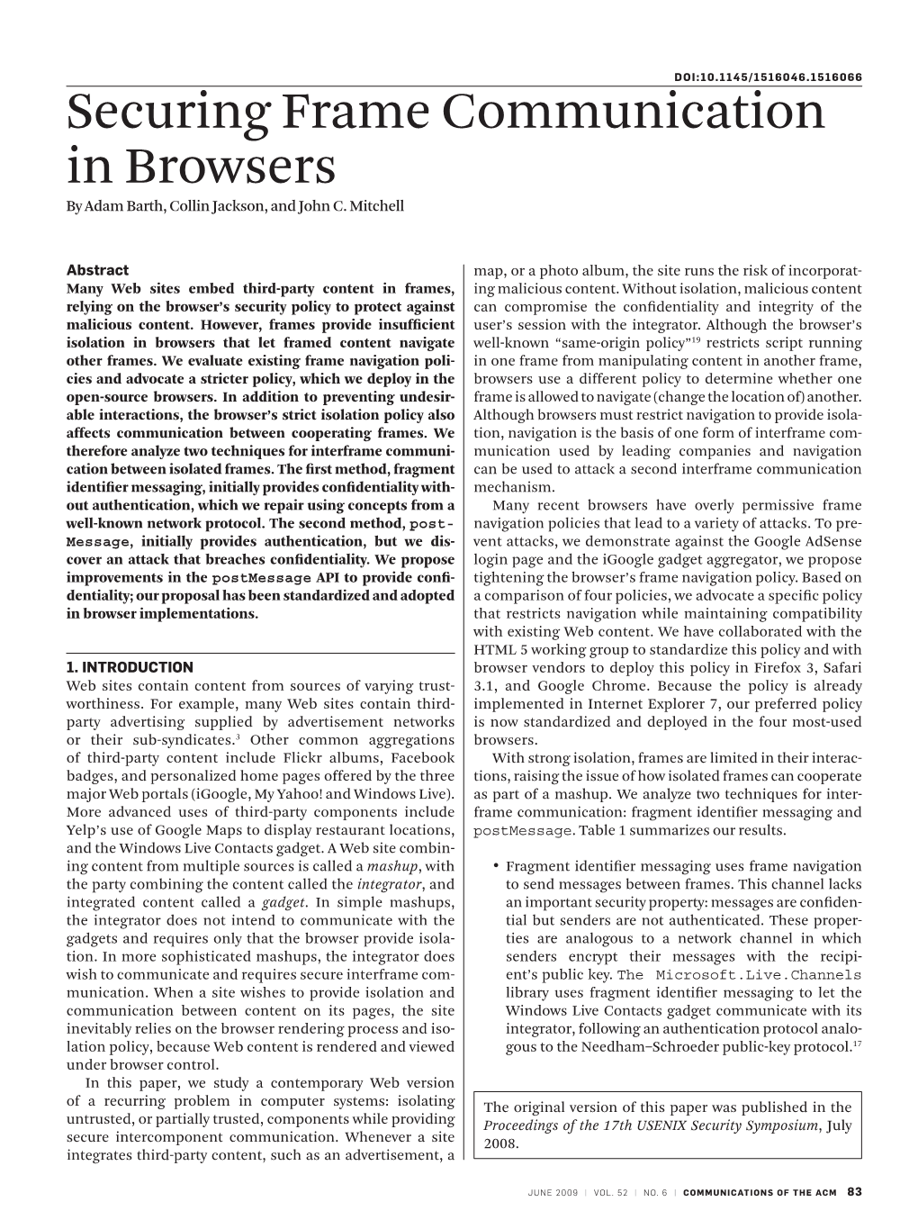 Securing Frame Communication in Browsers by Adam Barth, Collin Jackson, and John C