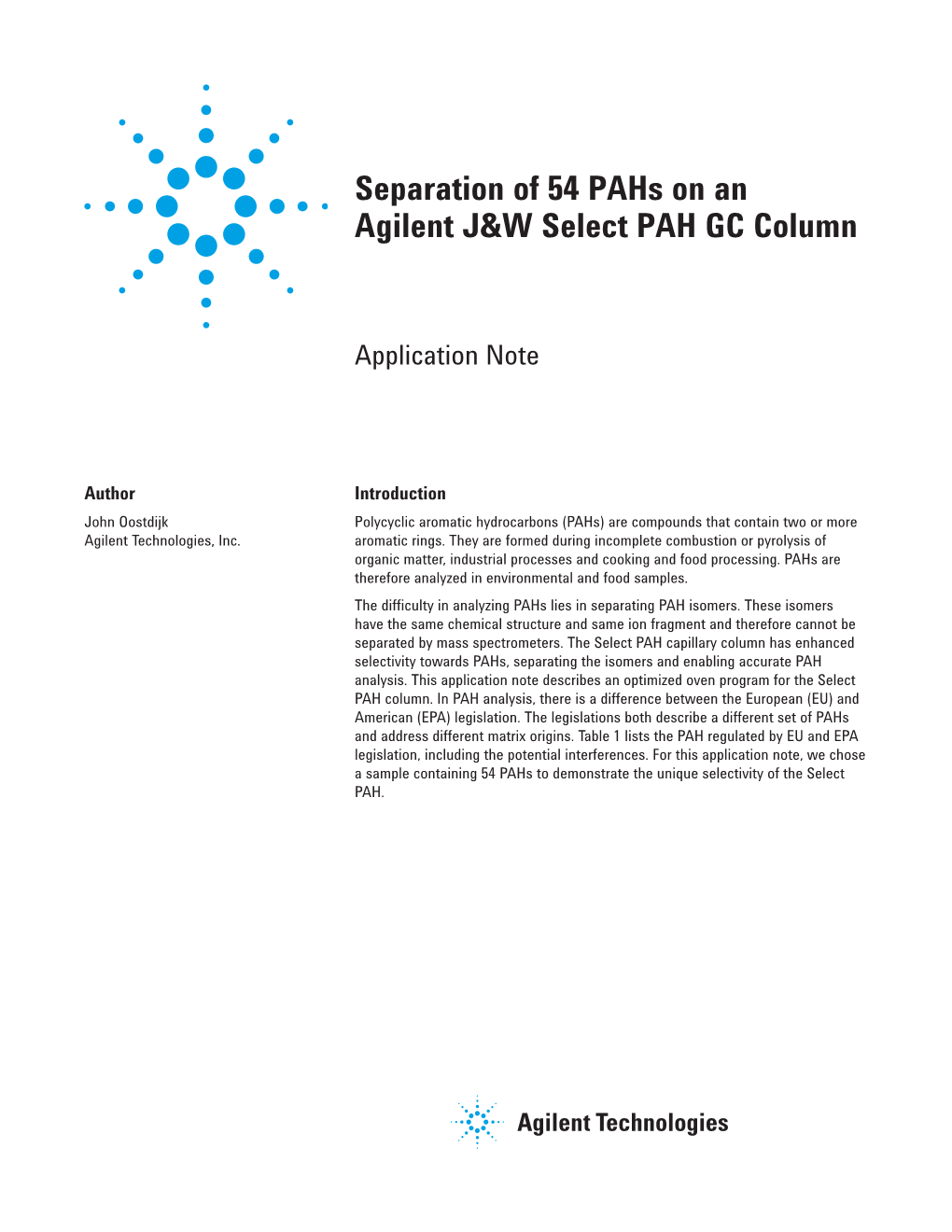 Separation of 54 Pahs on an Agilent J&W Select PAH GC Column