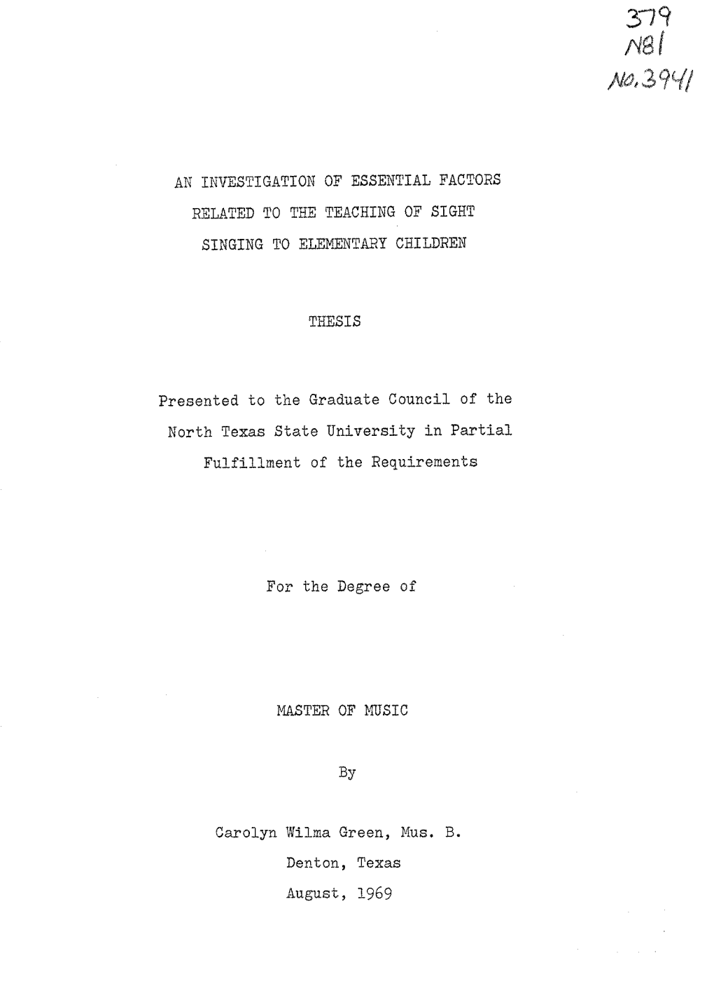 THESIS for the Degree of MASTER of MUSIC by Carolyn Wilma Green