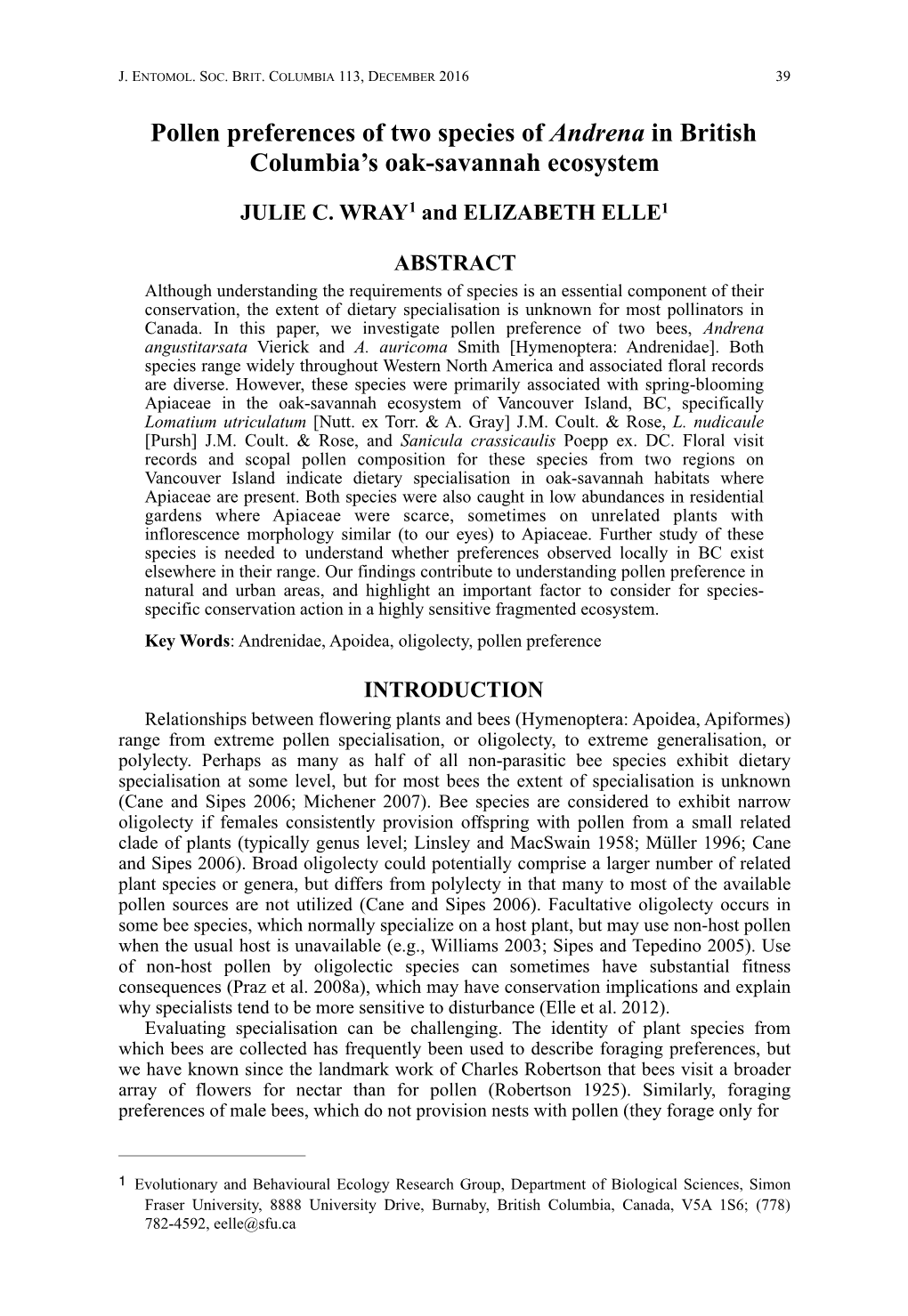 Pollen Preferences of Two Species of Andrena in British Columbia's Oak