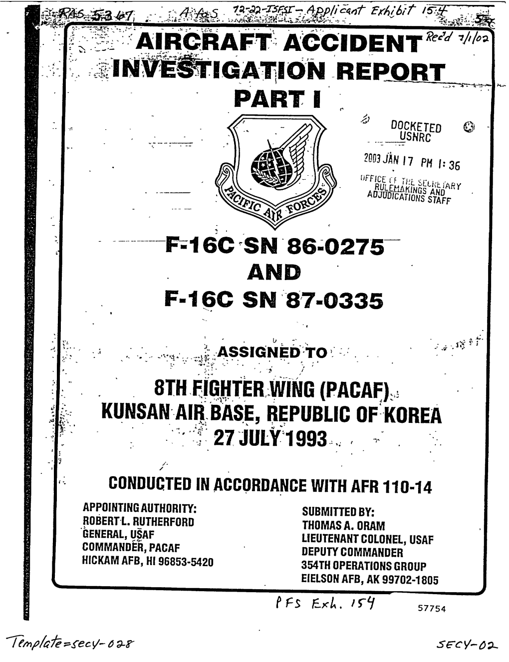 Report of F-16 Accident Which Occurred on 07/27/93