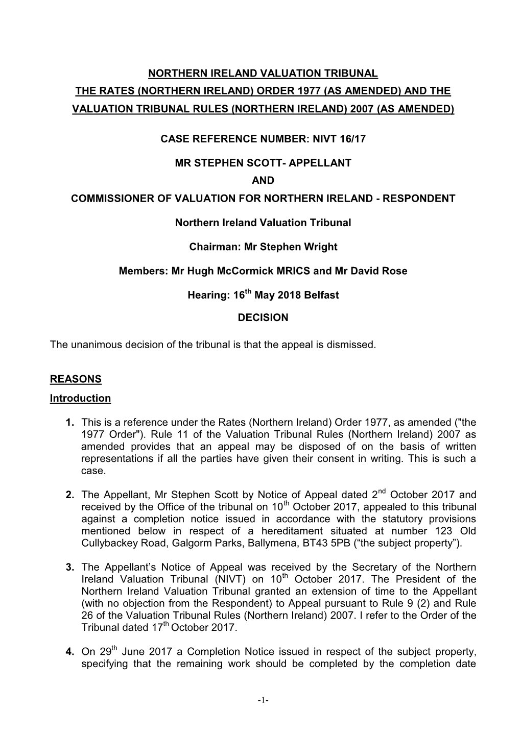 And the Valuation Tribunal Rules (Northern Ireland) 2007 (As Amended)