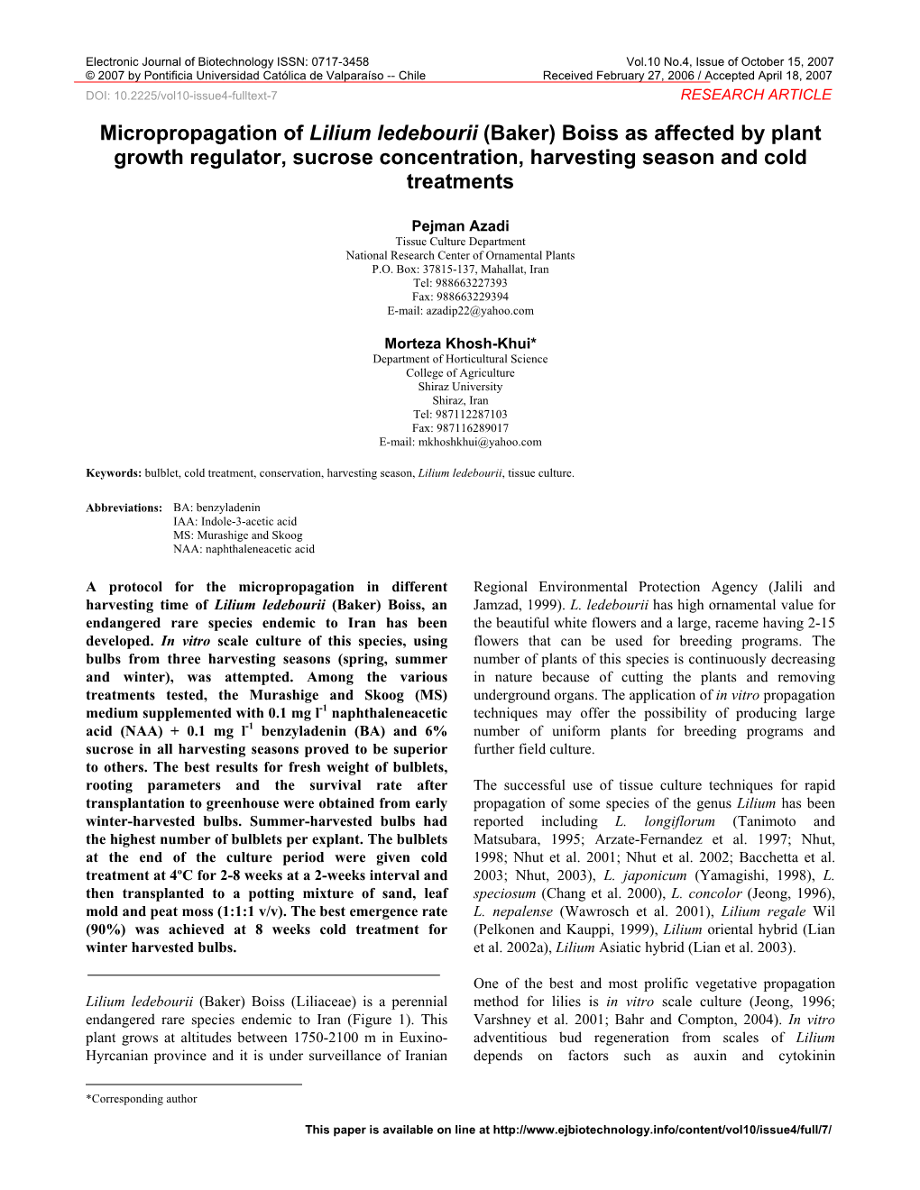 Micropropagation of Lilium Ledebourii (Baker) Boiss As Affected by Plant Growth Regulator, Sucrose Concentration, Harvesting Season and Cold Treatments