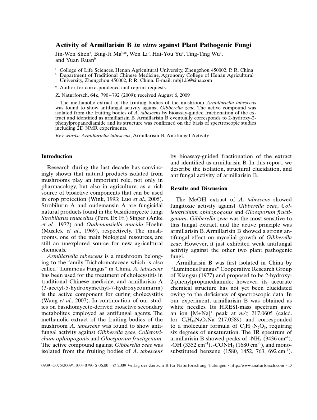 Activity of Armillarisin B in Vitro Against Plant Pathogenic Fungi