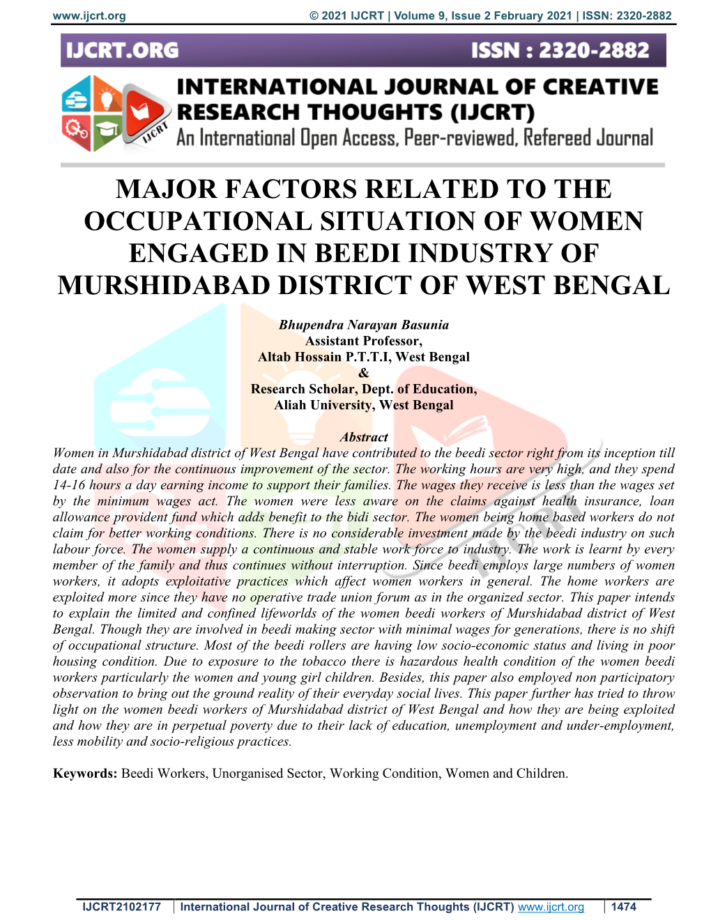 Major Factors Related to the Occupational Situation of Women Engaged in Beedi Industry of Murshidabad District of West Bengal