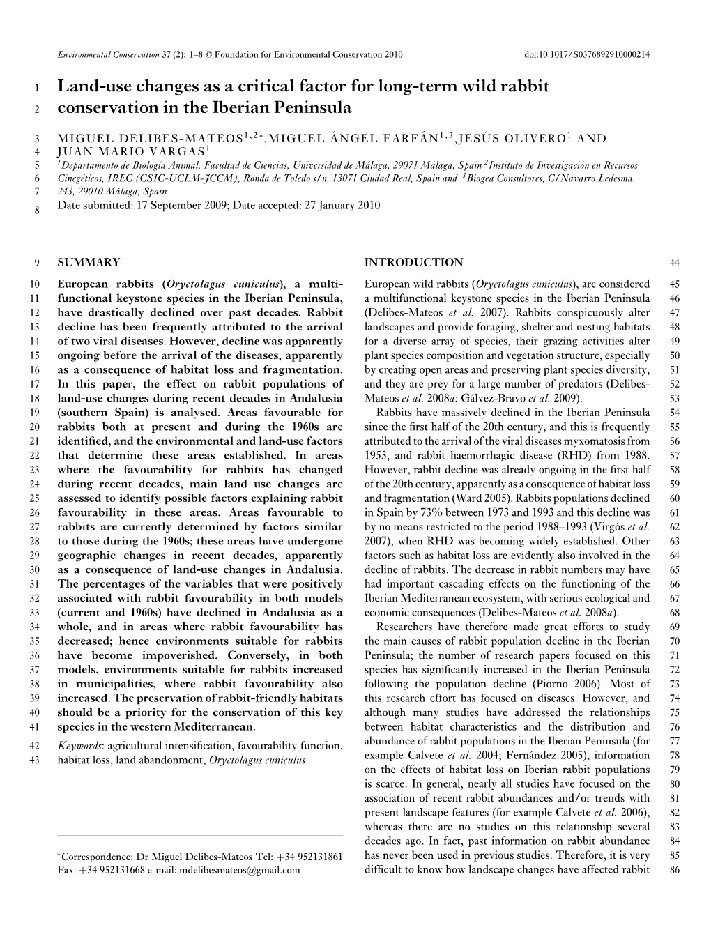 Land-Use Changes As a Critical Factor for Long-Term Wild Rabbit 2 Conservation in the Iberian Peninsula