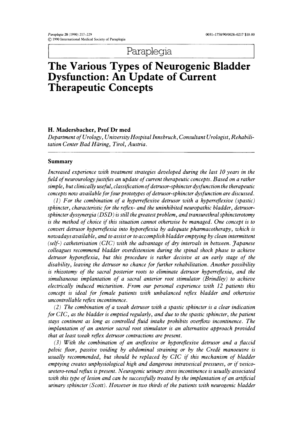 The Various Types of Neurogenic Bladder Dysfunction: an Update of Current Therapeutic Concepts