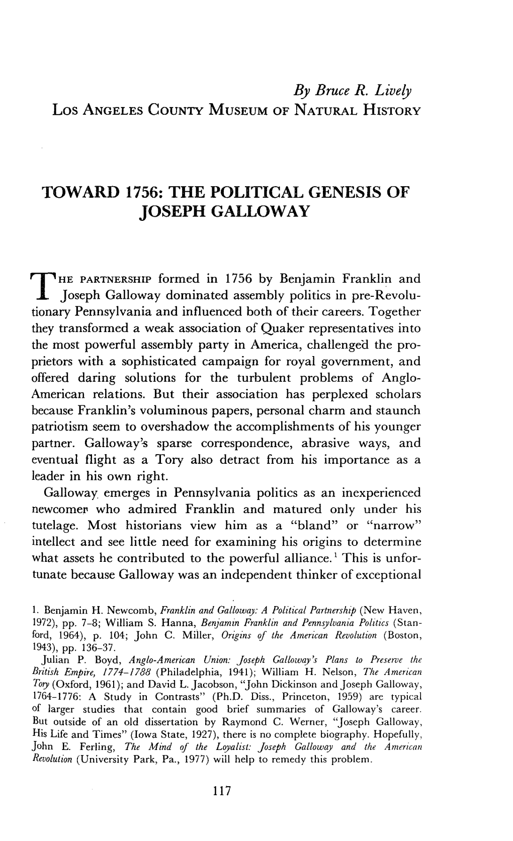 Toward 1756: the Political Genesis of Joseph Galloway