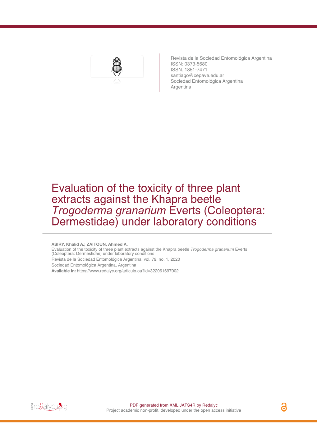 Evaluation of the Toxicity of Three Plant Extracts Against the Khapra Beetle Trogoderma Granarium Everts (Coleoptera: Dermestidae) Under Laboratory Conditions