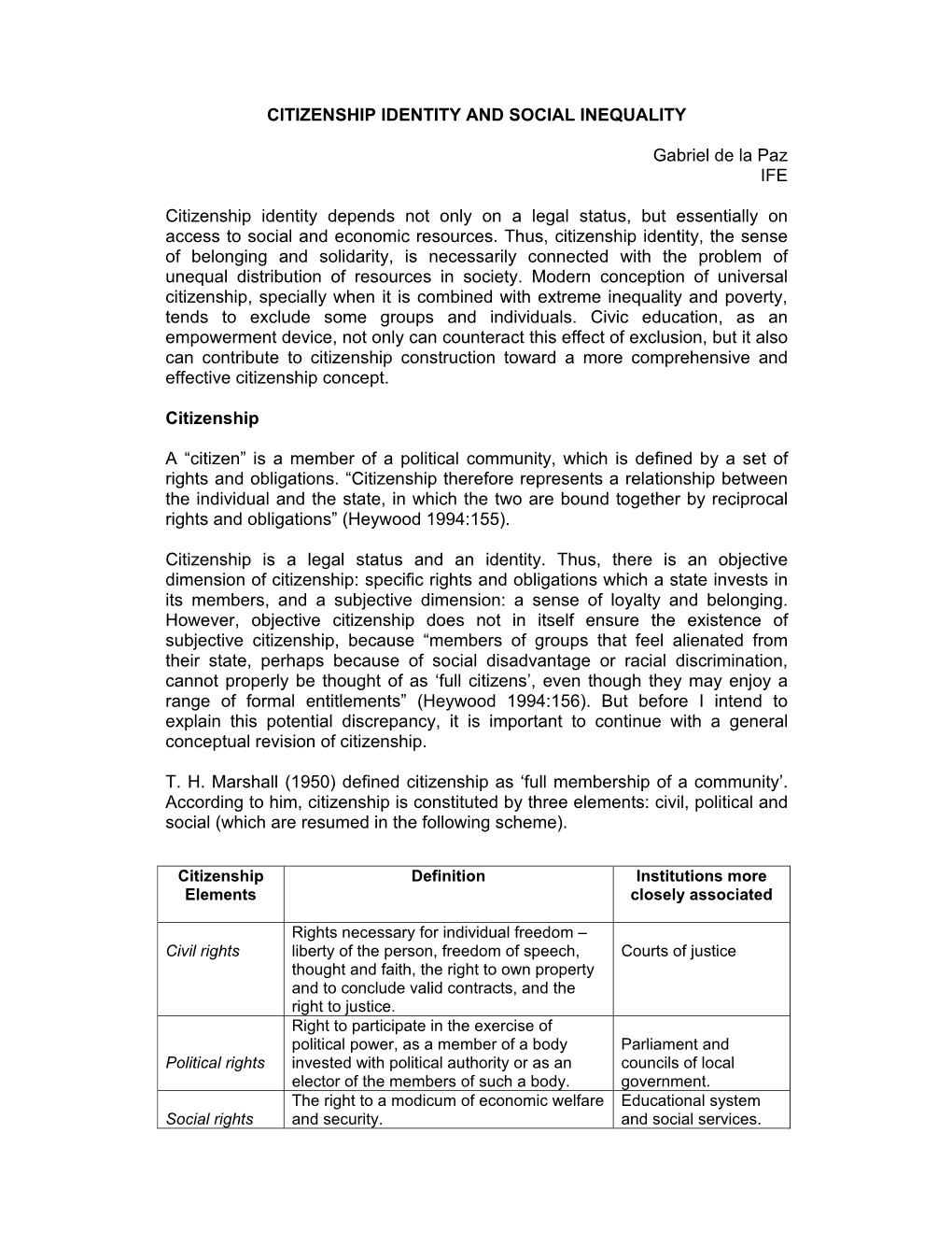 CITIZENSHIP IDENTITY and SOCIAL INEQUALITY Gabriel De La Paz IFE