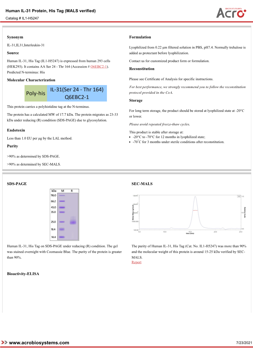 7/23/2021 Human IL-31 Protein, His Tag (MALS Verified) Catalog # IL1-H5247