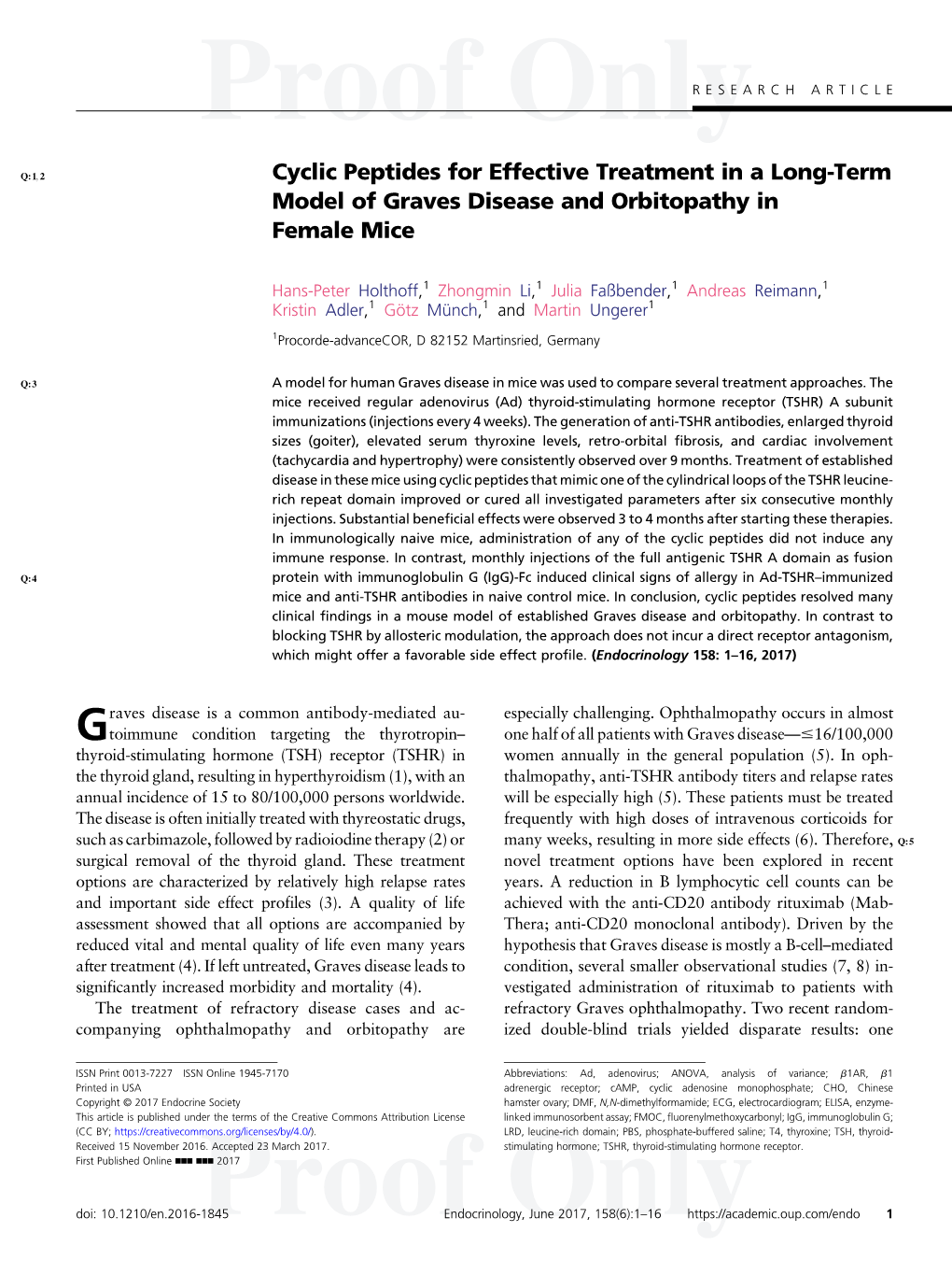 Cyclic Peptides for Effective Treatment in a Long-Term Model of Graves Disease and Orbitopathy in Female Mice