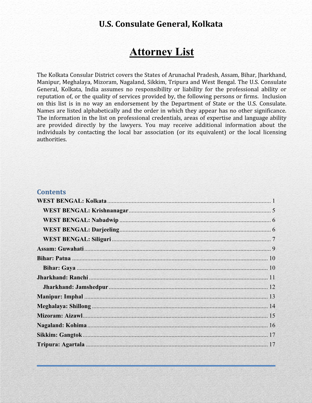 Attorney List, Kolkata Consular District