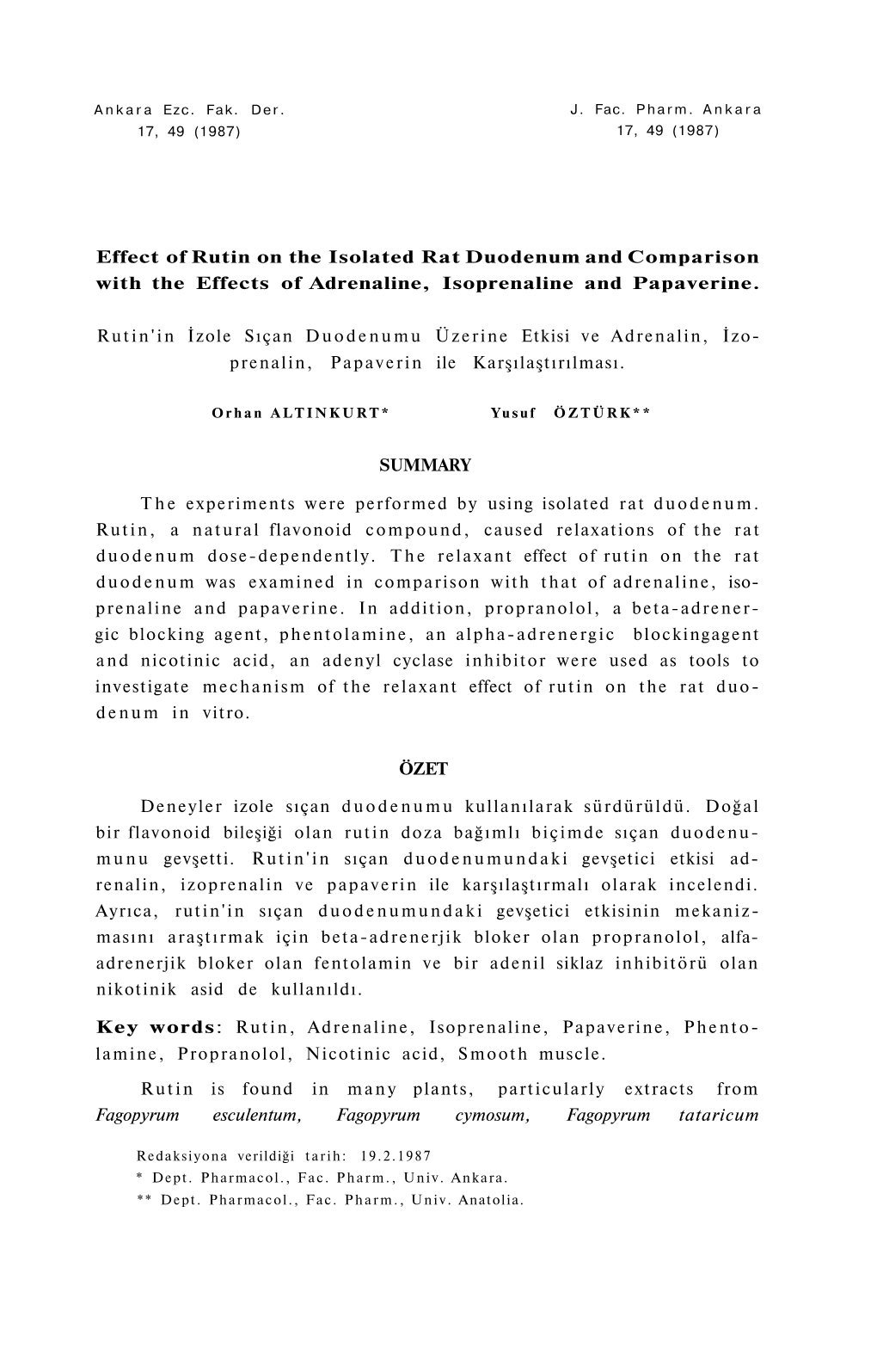 Effect of Rutin on the Isolated Rat Duodenum and Comparison with the Effects of Adrenaline, Isoprenaline and Papaverine