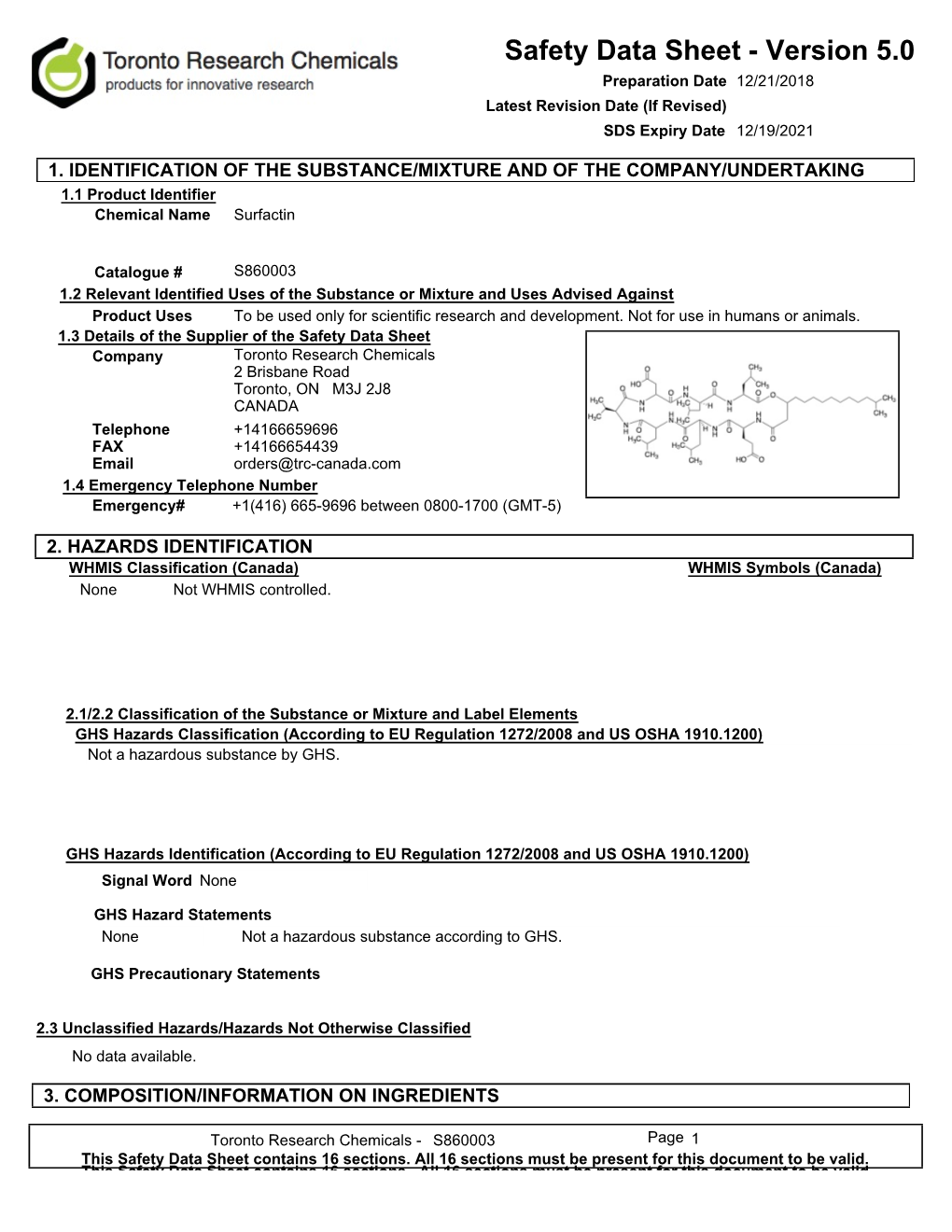 Safety Data Sheet - Version 5.0 Preparation Date 12/21/2018 Latest Revision Date (If Revised) SDS Expiry Date 12/19/2021