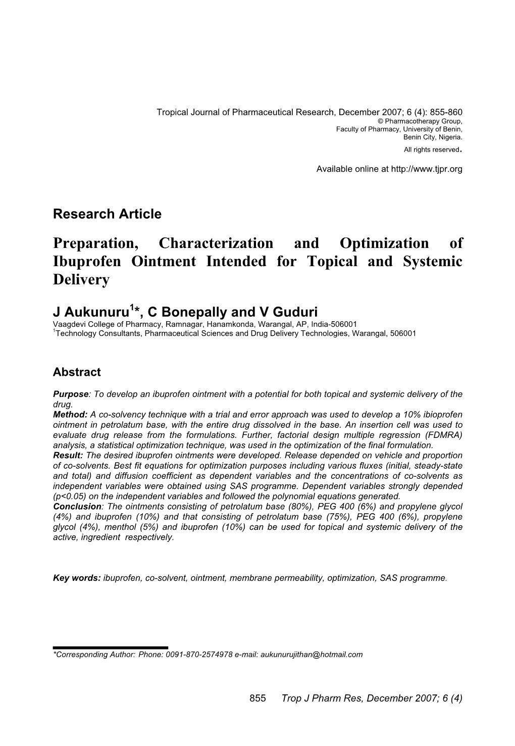 Preparation, Characterization and Optimization of Ibuprofen Ointment Intended for Topical and Systemic Delivery