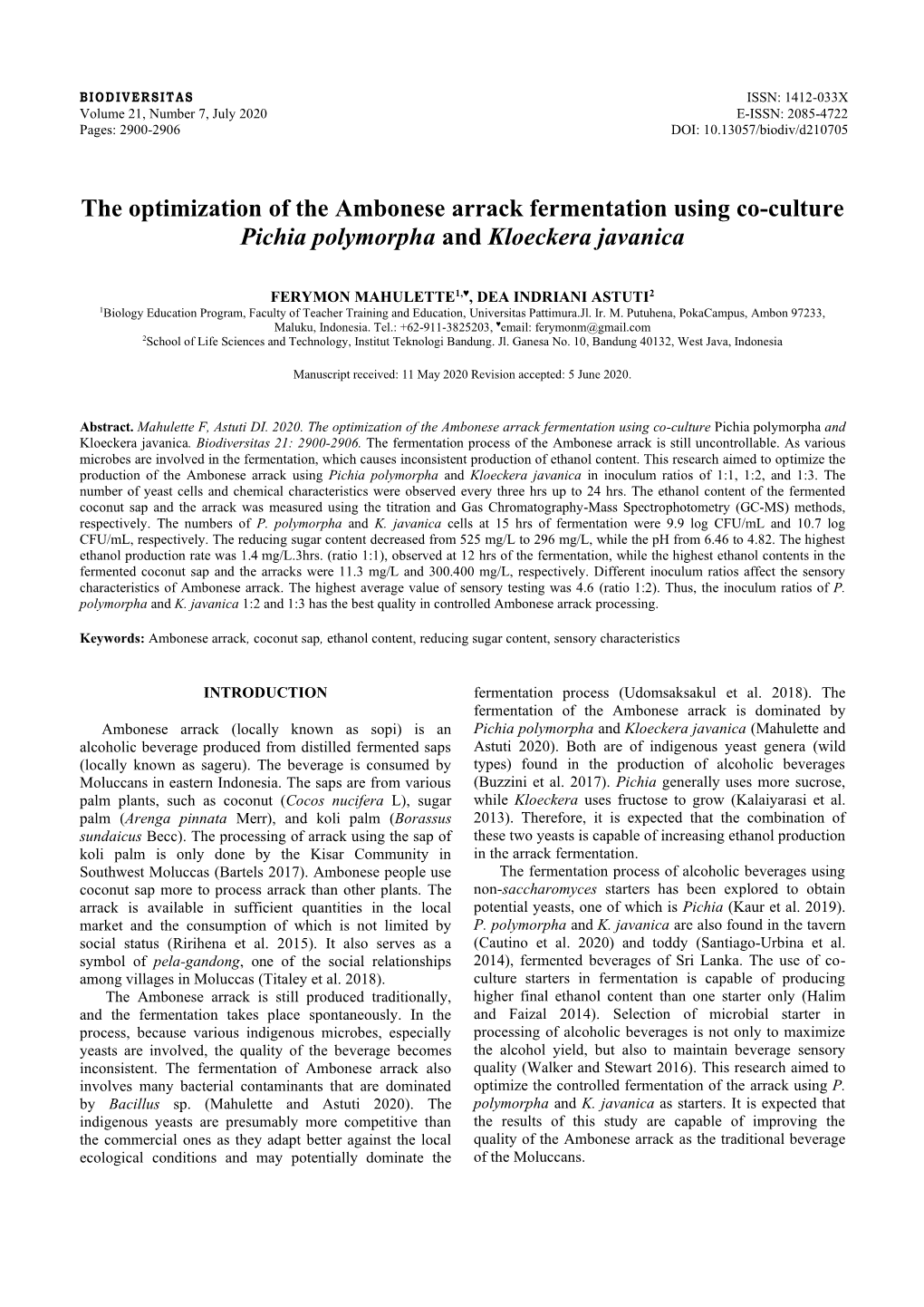 The Optimization of the Ambonese Arrack Fermentation Using Co-Culture Pichia Polymorpha and Kloeckera Javanica