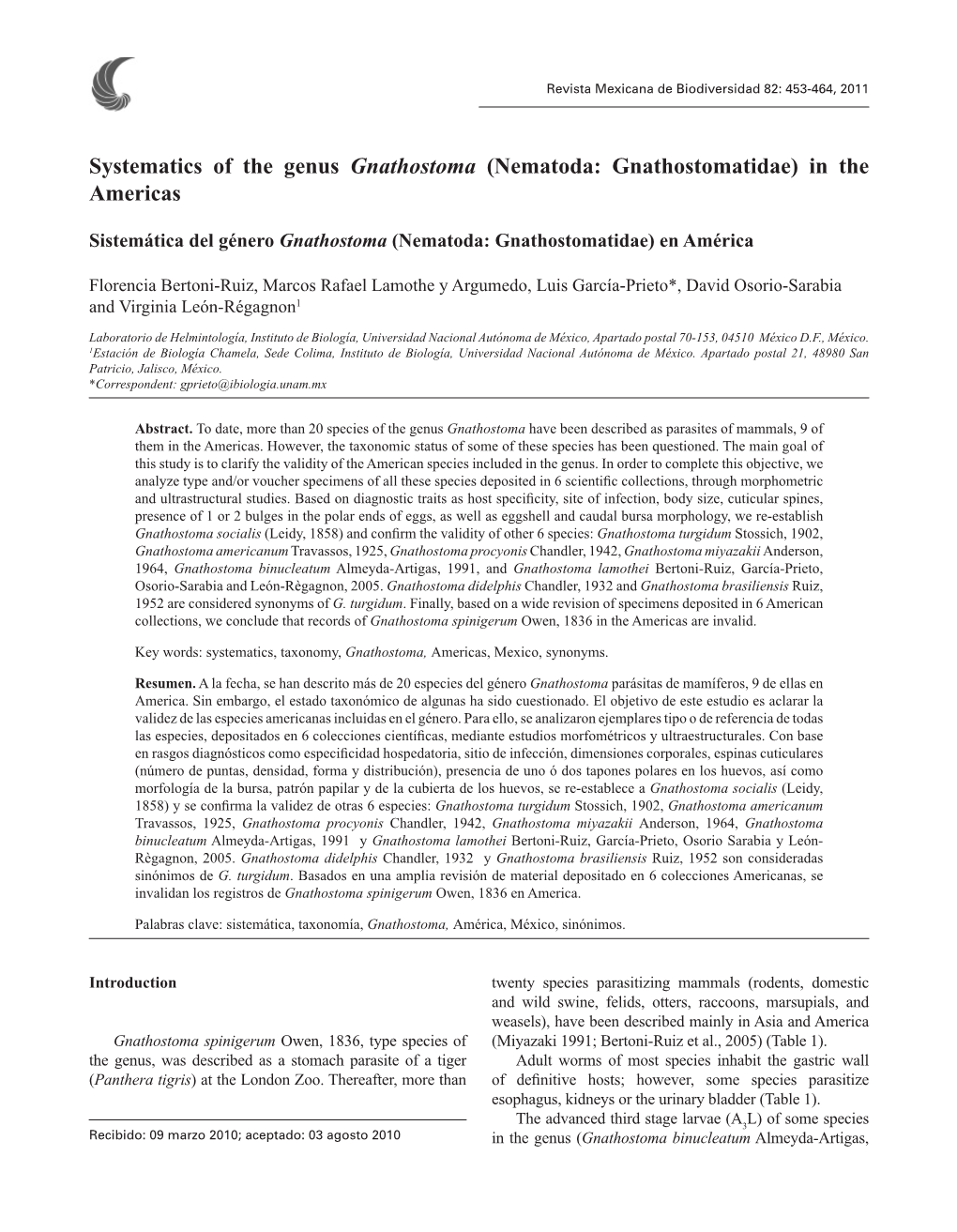 Systematics of the Genus Gnathostoma (Nematoda: Gnathostomatidae) in the Americas