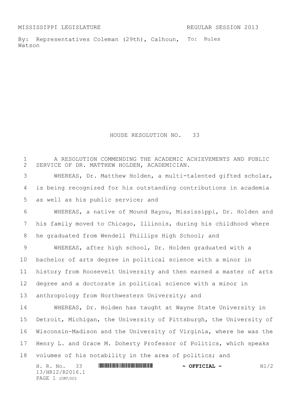 MISSISSIPPI LEGISLATURE REGULAR SESSION 2013 By