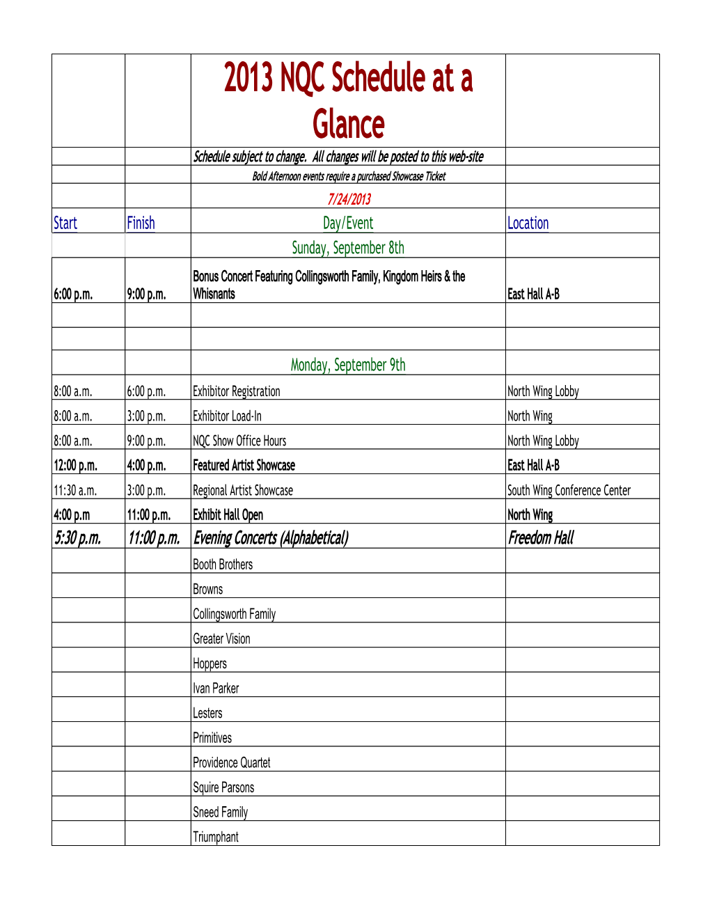 2013 NQC Schedule at a Glance Schedule Subject to Change