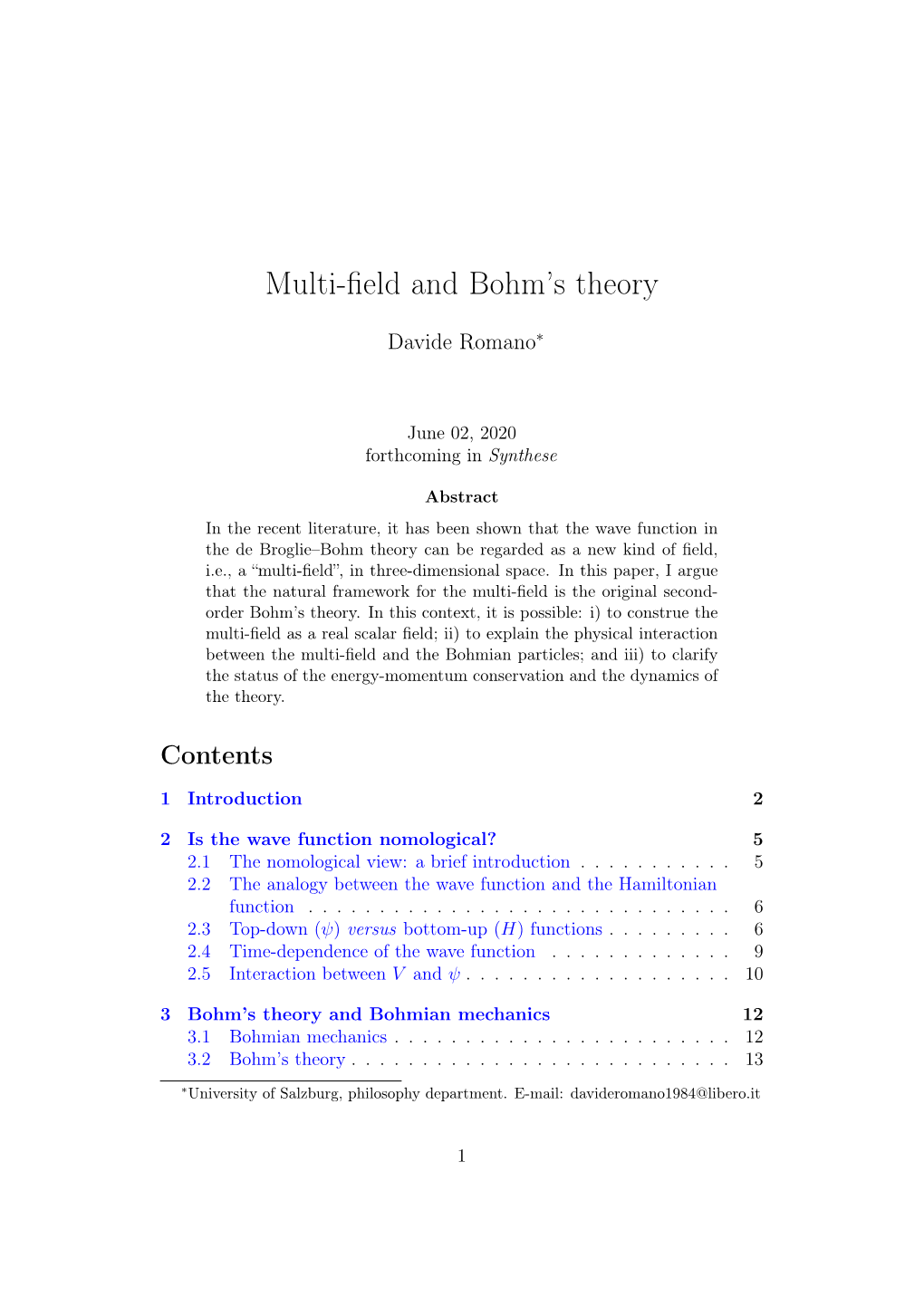 Multi-Field and Bohm's Theory