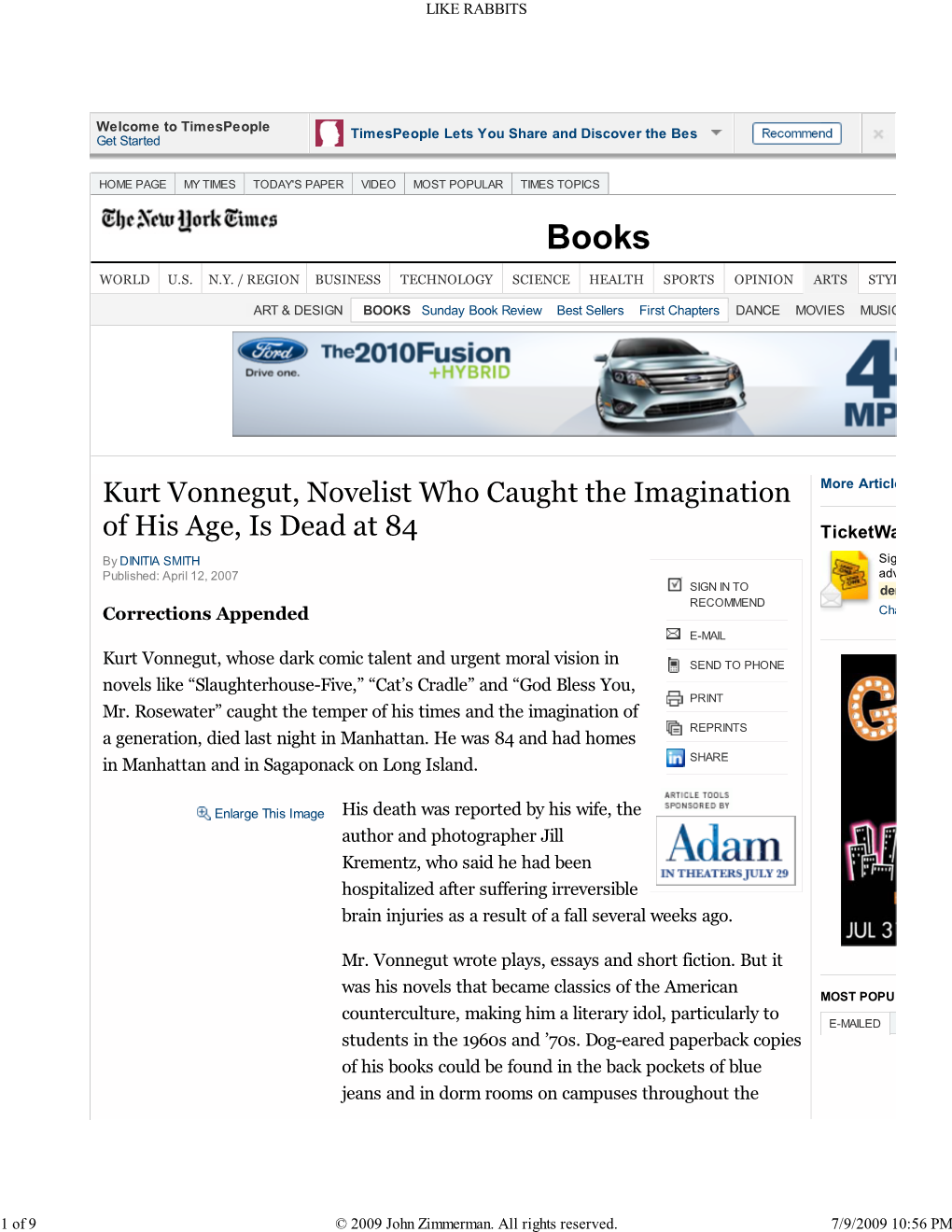 Kurt Vonnegut, Novelist Who Caught the Imagination More Article of His Age, Is Dead at 84 Ticketwa