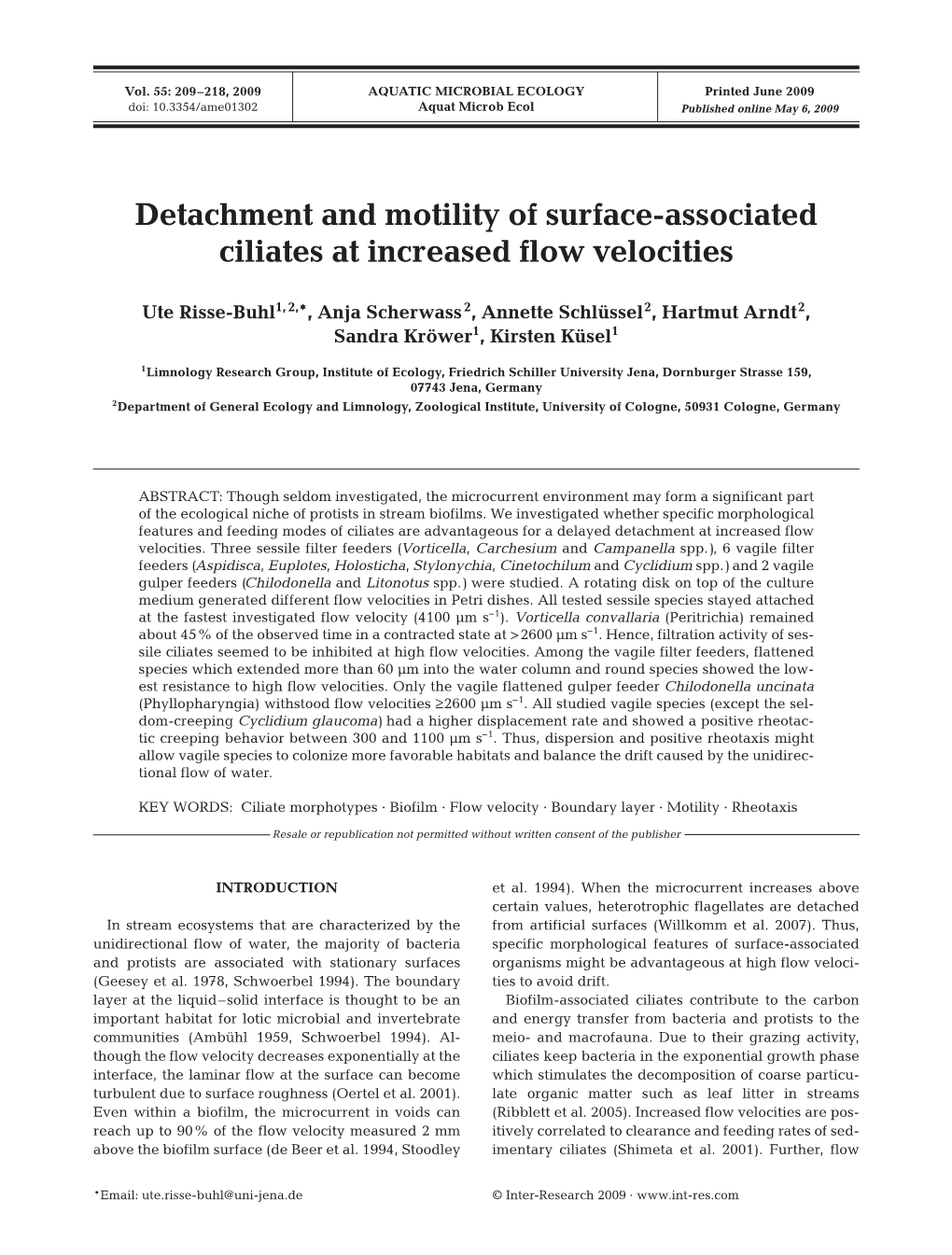 Detachment and Motility of Surface-Associated Ciliates at Increased Flow Velocities