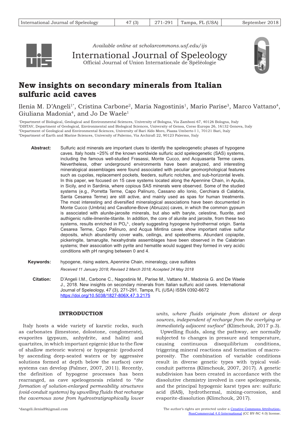 New Insights on Secondary Minerals from Italian Sulfuric Acid Caves Ilenia M