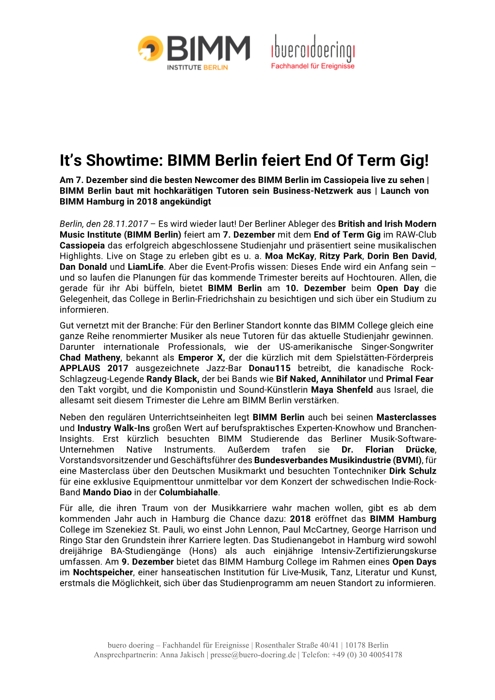 BIMM Berlin Feiert End of Term Gig!