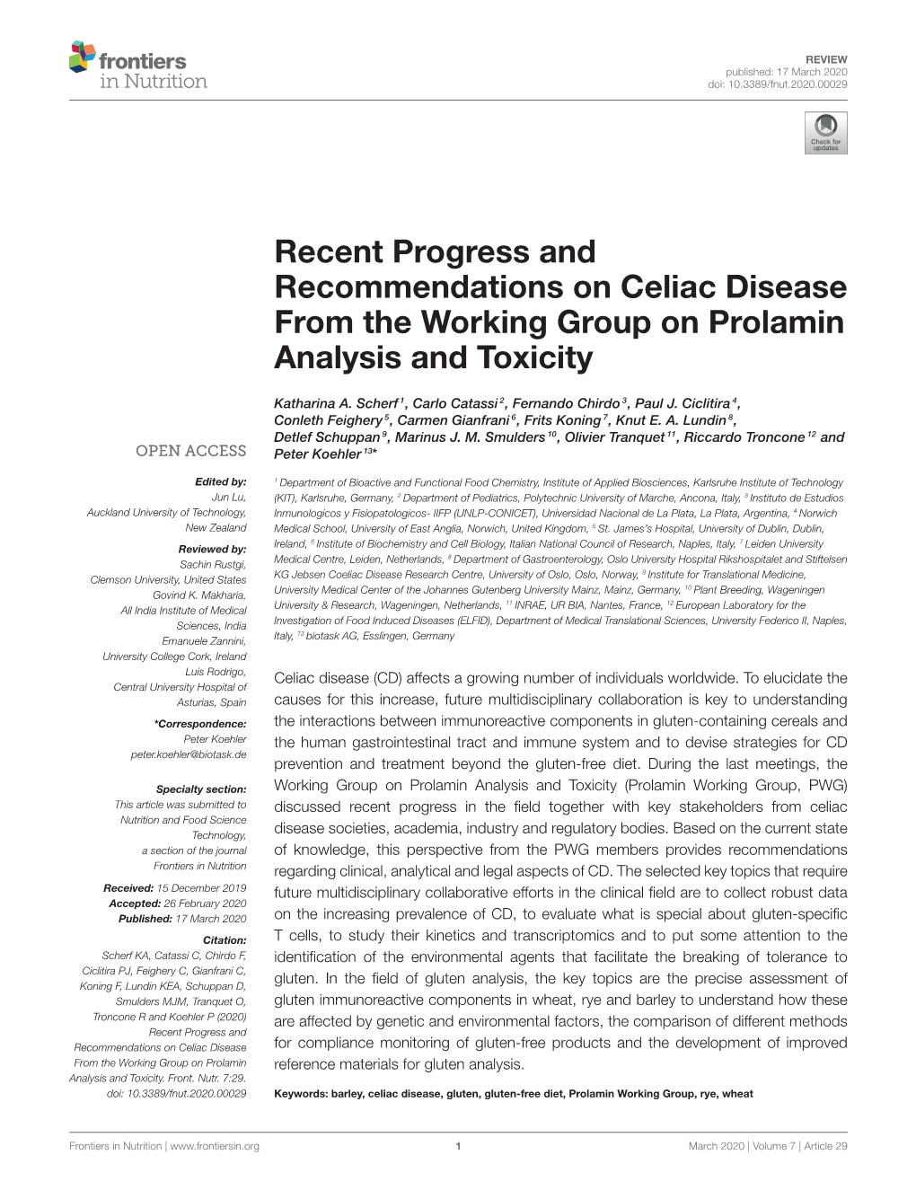 Recent Progress and Recommendations on Celiac Disease from the Working Group on Prolamin Analysis and Toxicity