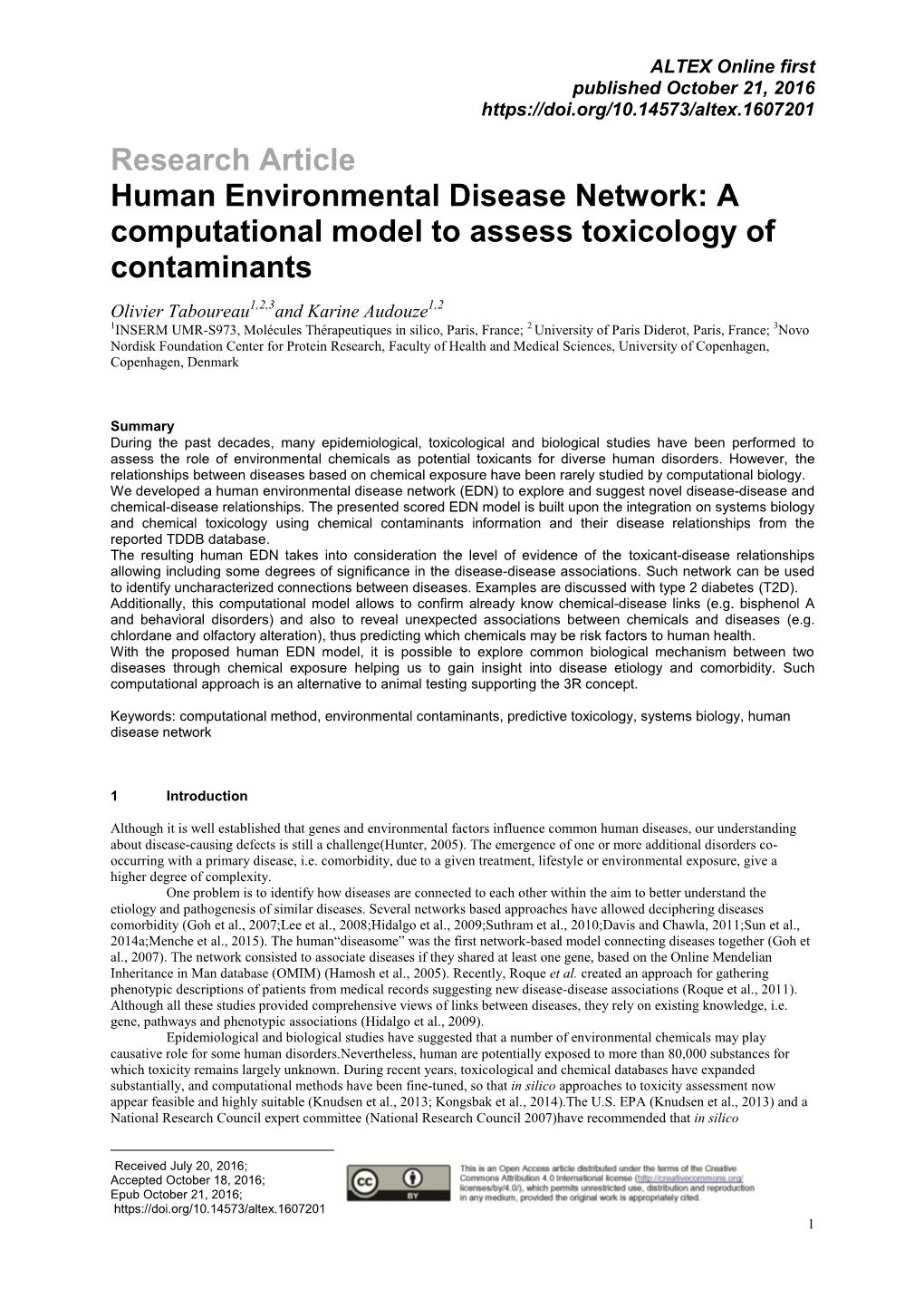 Research Article Human Environmental Disease Network: a Computational Model to Assess Toxicology of Contaminants1