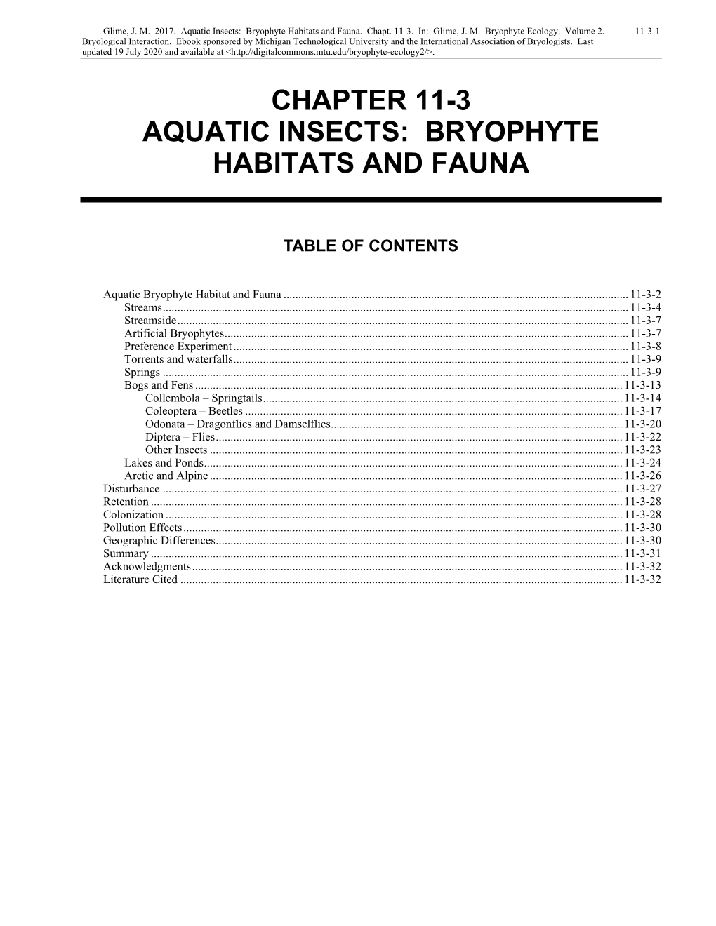 Aquatic Insects: Bryophyte Habitats and Fauna