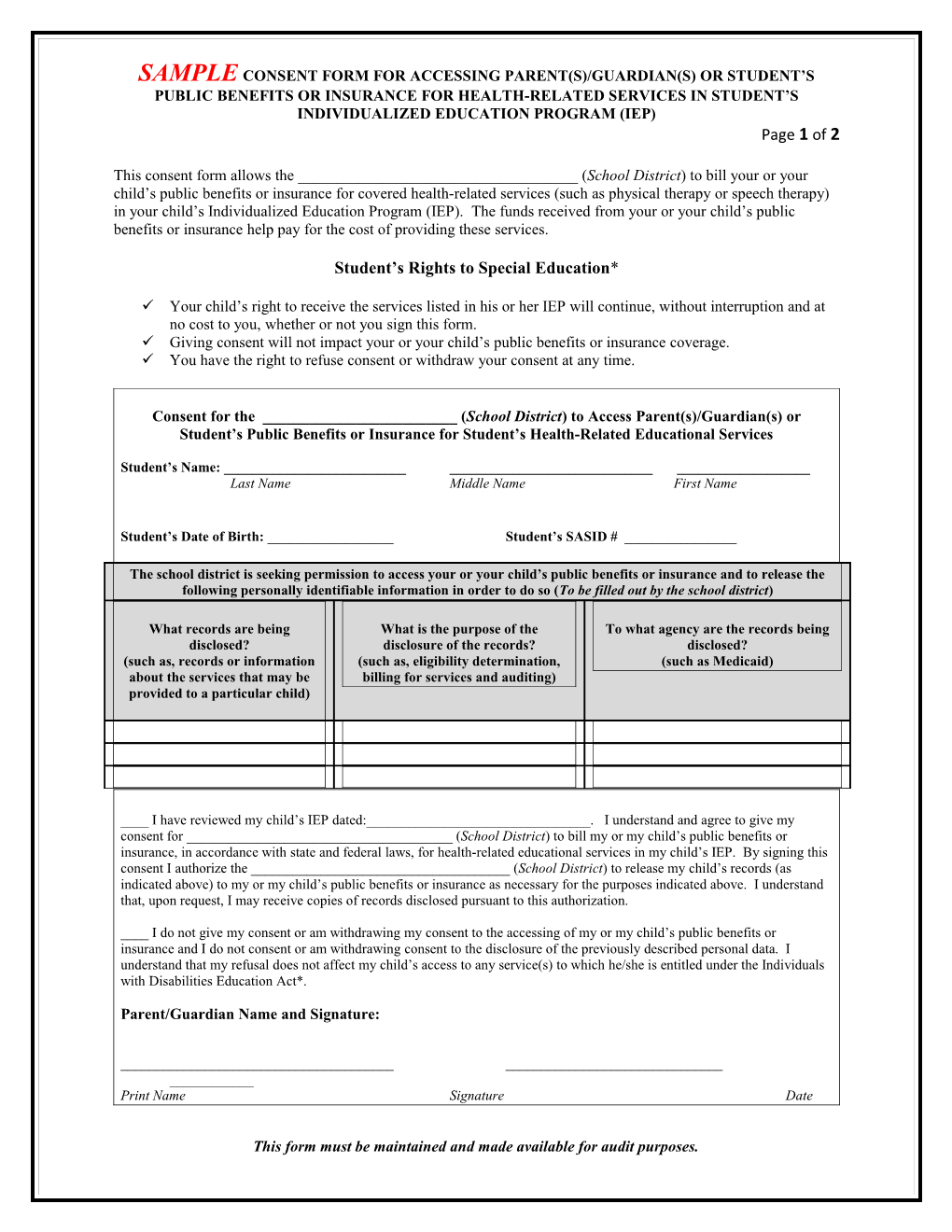 Sample Consent Form for Accessing Parent(S)/Guardian(S) Or Student S Public Benefits Or