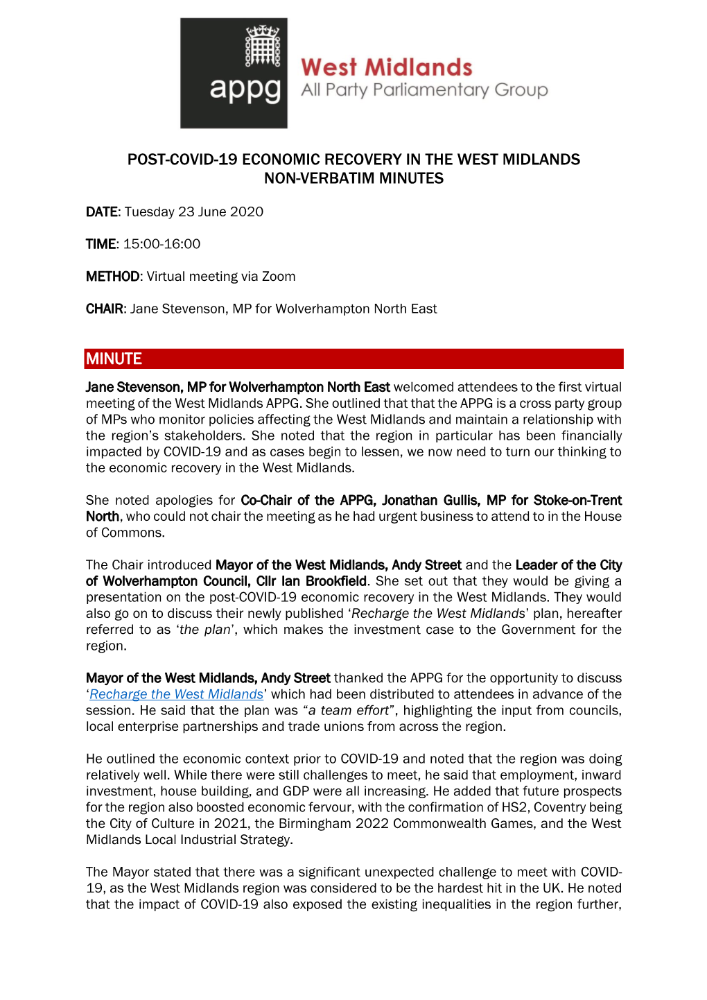 Post-COVID-19 Economic Recovery in the West Midlands Minutes