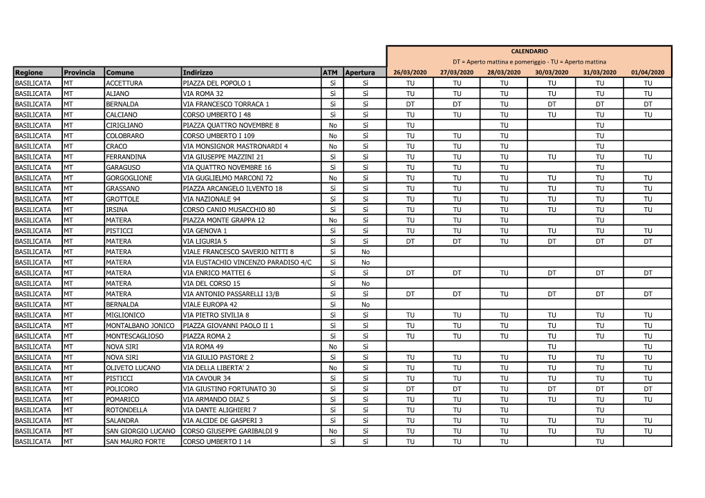 CALENDARIO DT = Aperto Mattina E Pomeriggio