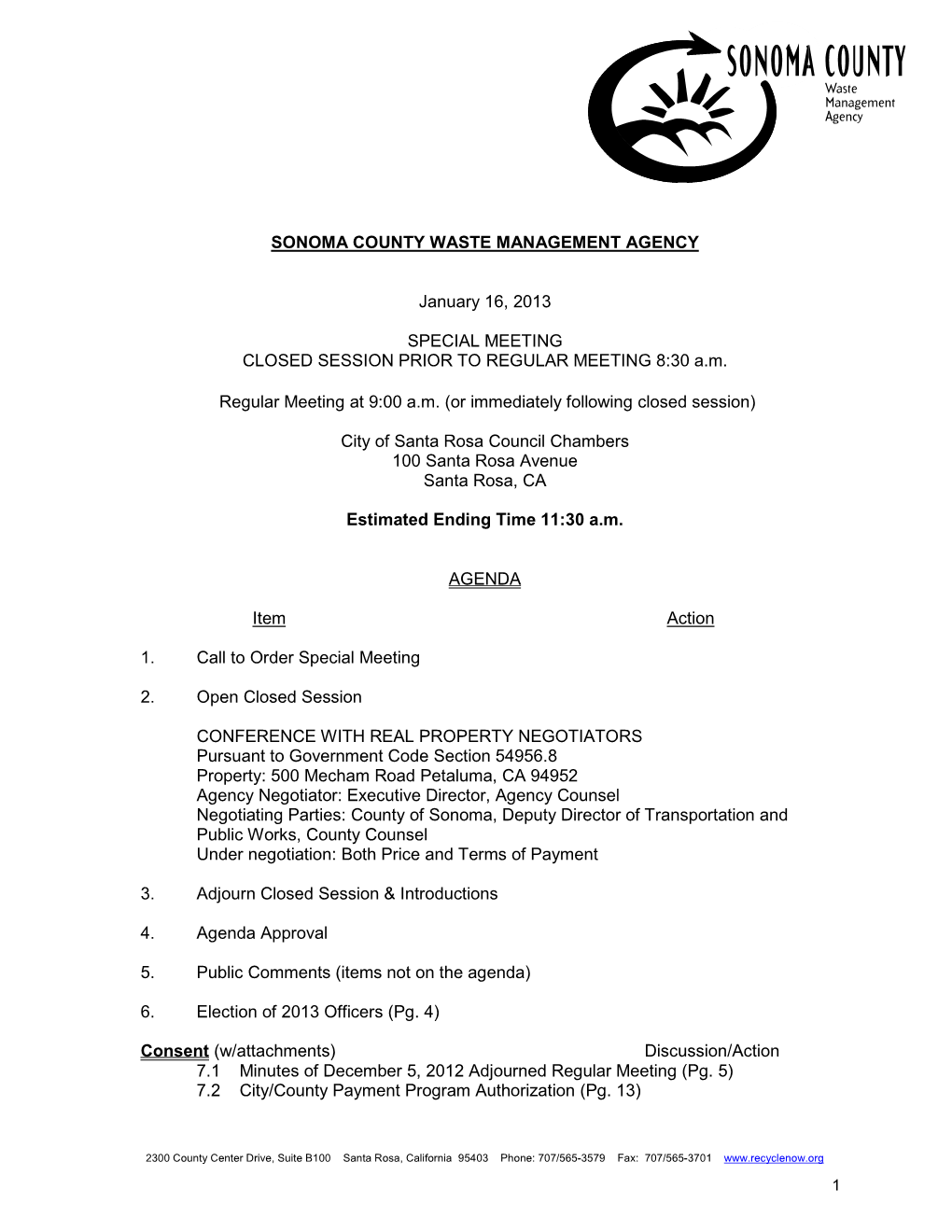 Sonoma County Waste Management Agency Agenda Packet January 16