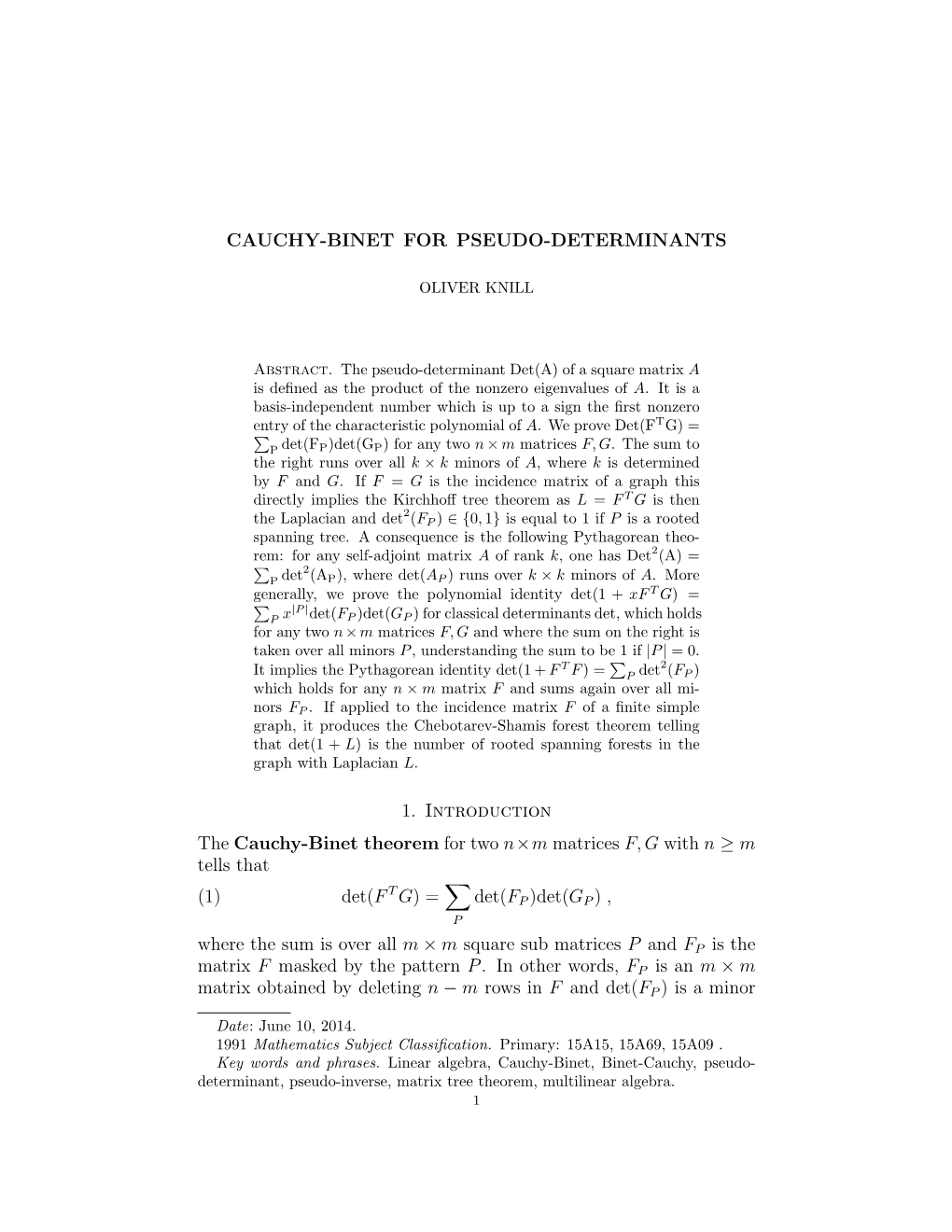 Cauchy-Binet for Pseudo-Determinants
