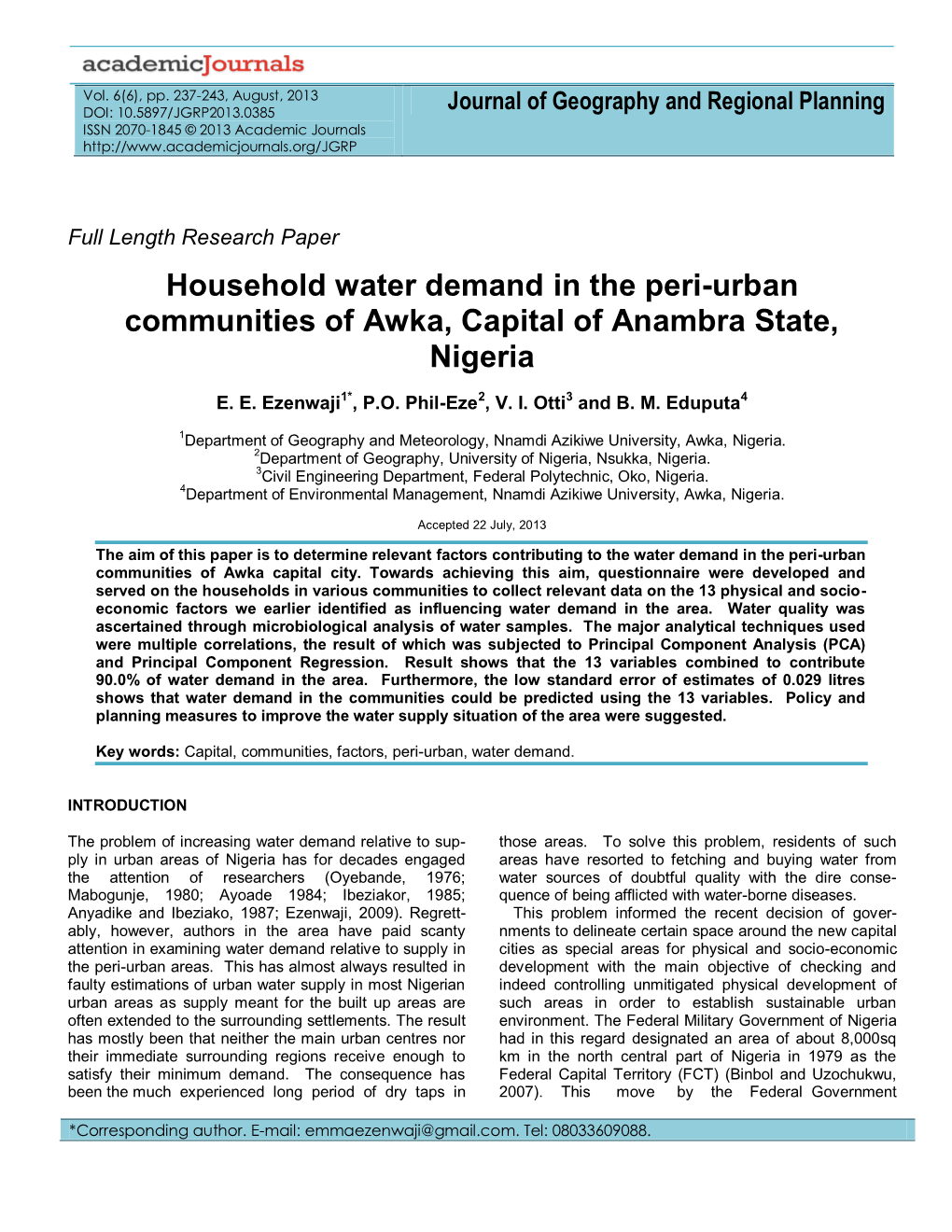 Household Water Demand in the Peri-Urban Communities of Awka, Capital of Anambra State, Nigeria