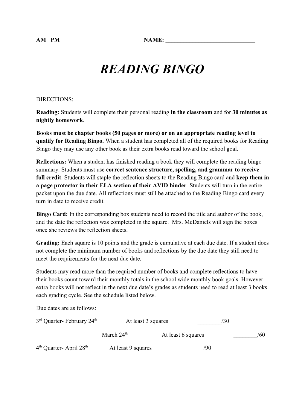 Reading Bingo