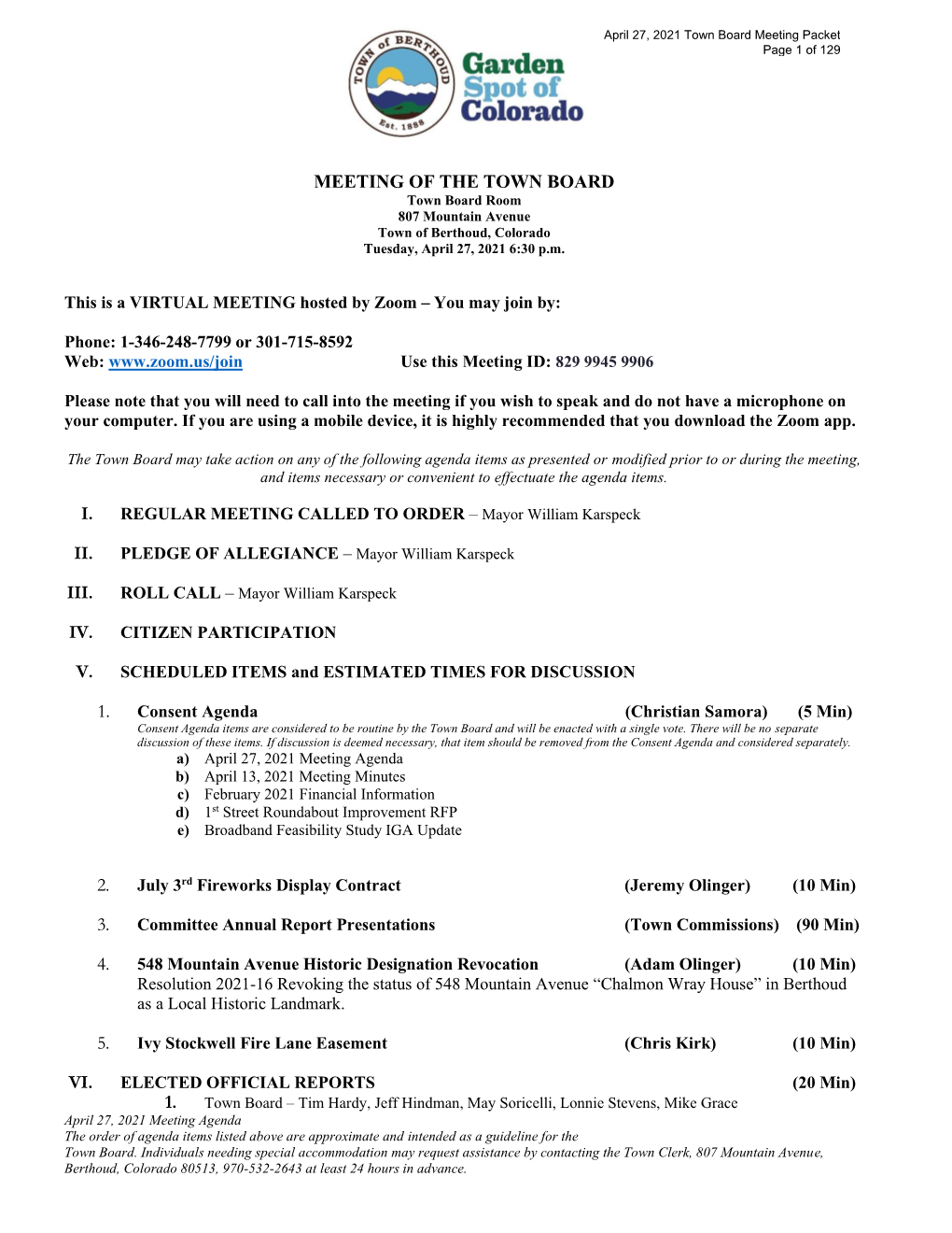 Meeting of the Town Board I. Ii. Iii. Iv. V. 1. 2. 3. 4. 5