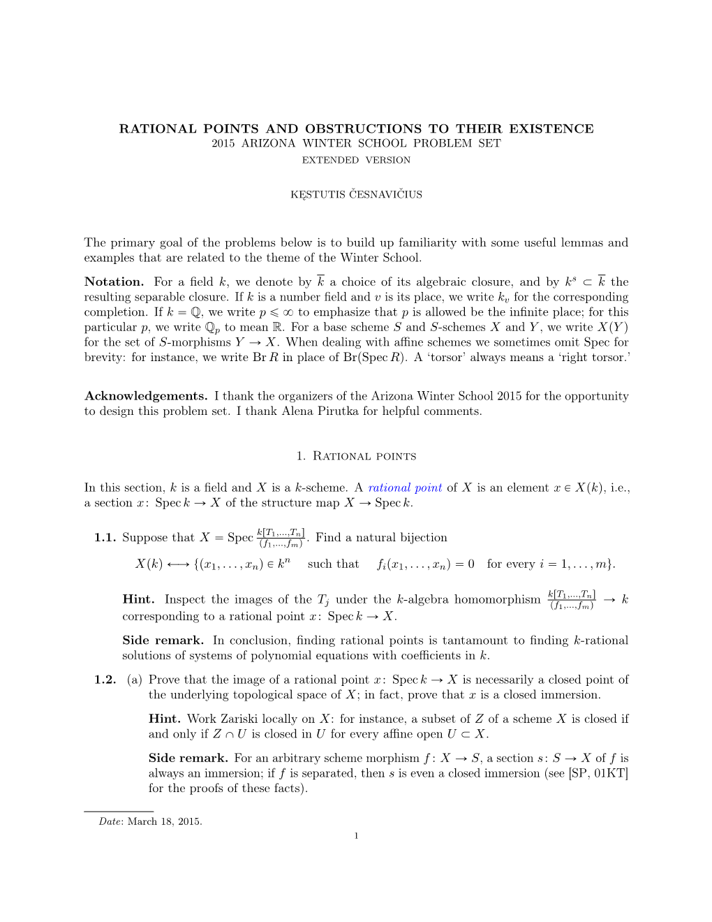 Rational Points and Obstructions to Their Existence 2015 Arizona Winter School Problem Set Extended Version