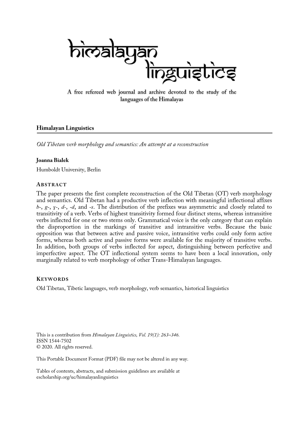 Himalayan Linguistics Old Tibetan Verb Morphology