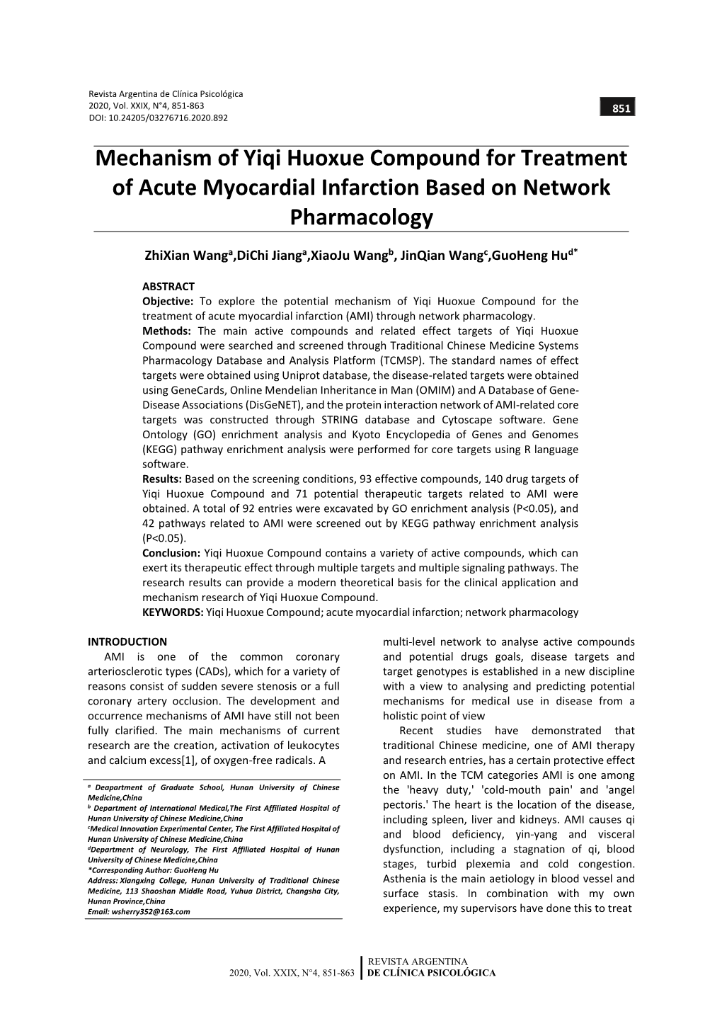 Mechanism of Yiqi Huoxue Compound for Treatment of Acute Myocardial Infarction Based on Network Pharmacology