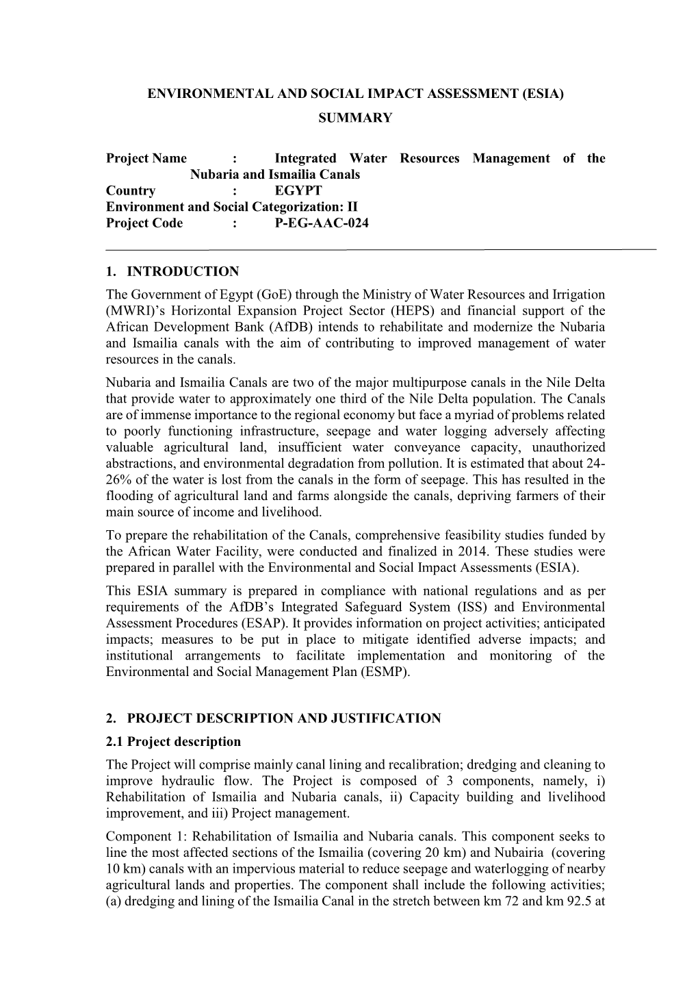 Environmental and Social Impact Assessment (Esia) Summary